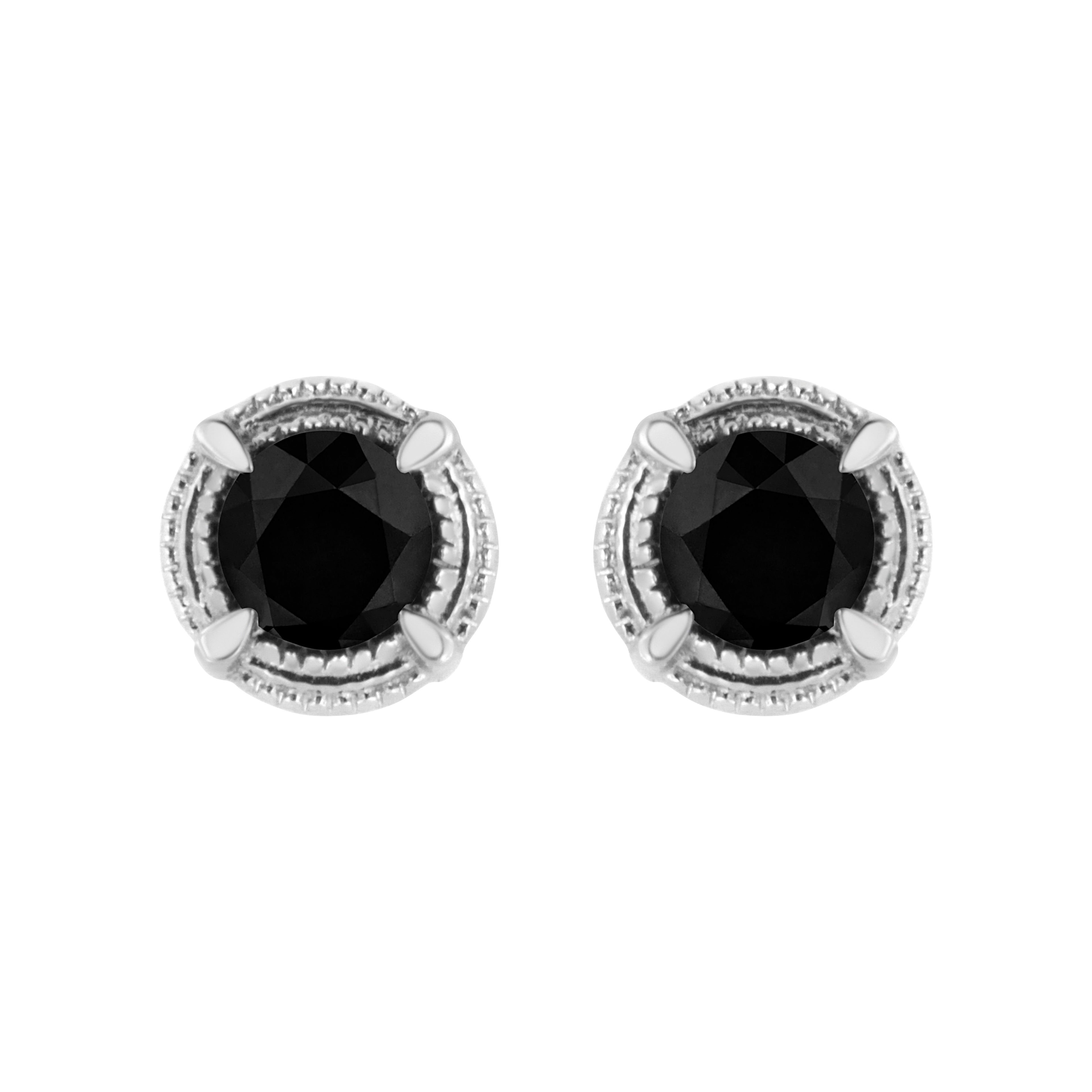 .925 Sterling Silver 1 cttw Treated Black Diamond Modern 4-Prong Solitaire Milgrain Stud Earrings (Black Color, I1-I2 Clarity)
