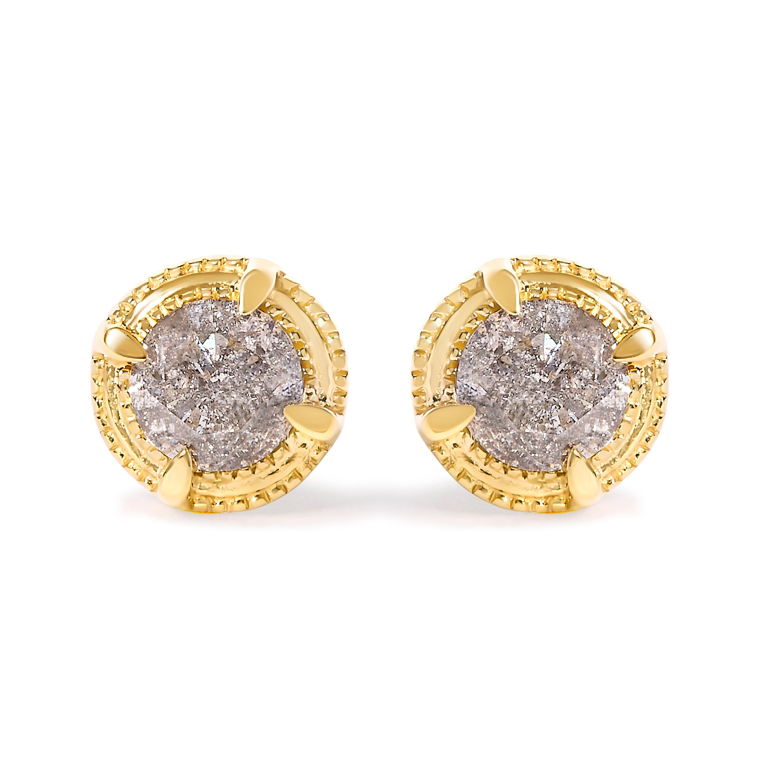 14K Yellow Gold Plated .925 Sterling Silver 1.0 Cttw Round Brilliant Cut Diamond Solitaire Milgrain Stud Earrings (K-L Color, I2-I3 Clarity)