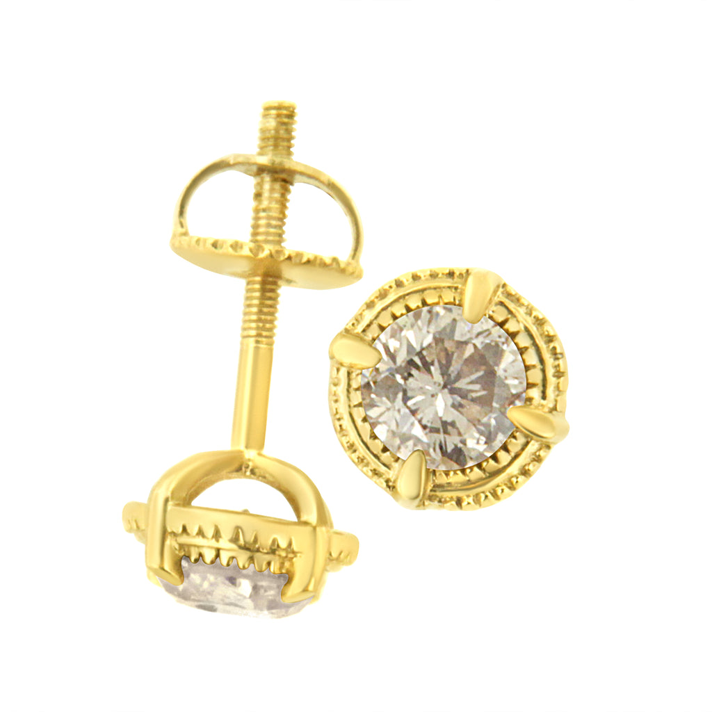 14K Yellow Gold Plated .925 Sterling Silver 1.0 Cttw Round Brilliant Cut Diamond Solitaire Milgrain Stud Earrings (K-L Color, I2-I3 Clarity)