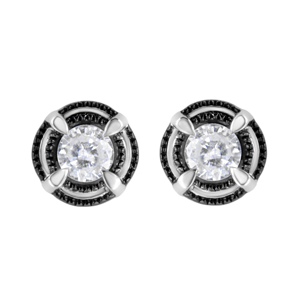 Black Rhodium Plated .925 Sterling Silver Round 1-1/2 cttw Diamond Double Halo 4-Prong Solitaire Milgrain Stud Earrings (H-I Color, I2-I3 Clarity)