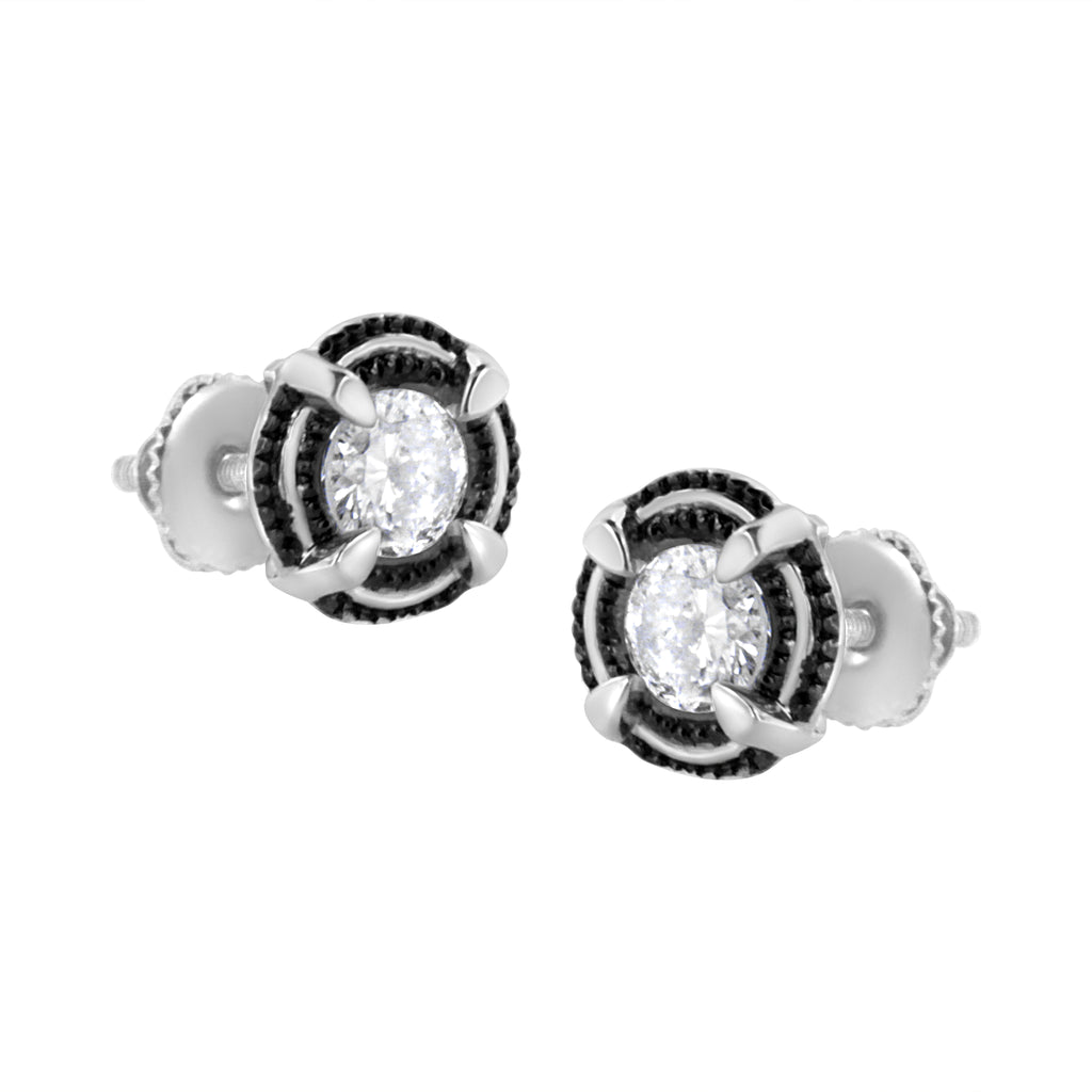 Black Rhodium Plated .925 Sterling Silver Round 1-1/2 cttw Diamond Double Halo 4-Prong Solitaire Milgrain Stud Earrings (H-I Color, I2-I3 Clarity)
