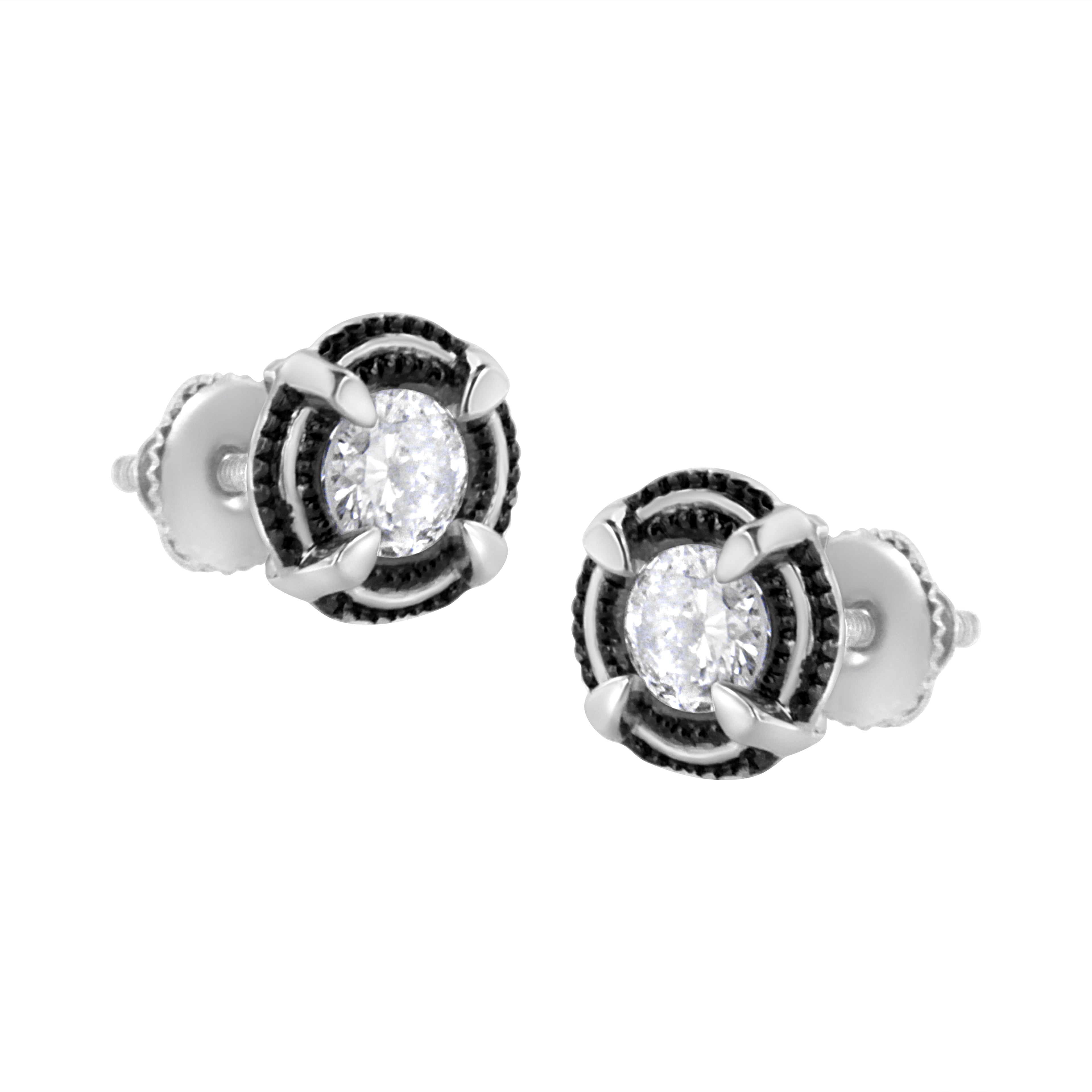 Black Rhodium Plated .925 Sterling Silver Round 1-1/2 cttw Diamond Double Halo 4-Prong Solitaire Milgrain Stud Earrings (H-I Color, I2-I3 Clarity)
