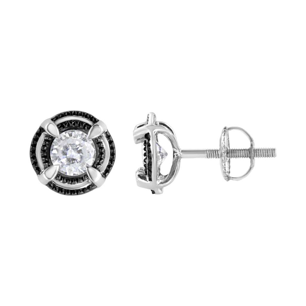 Black Rhodium Plated .925 Sterling Silver Round 1-1/2 cttw Diamond Double Halo 4-Prong Solitaire Milgrain Stud Earrings (H-I Color, I2-I3 Clarity)