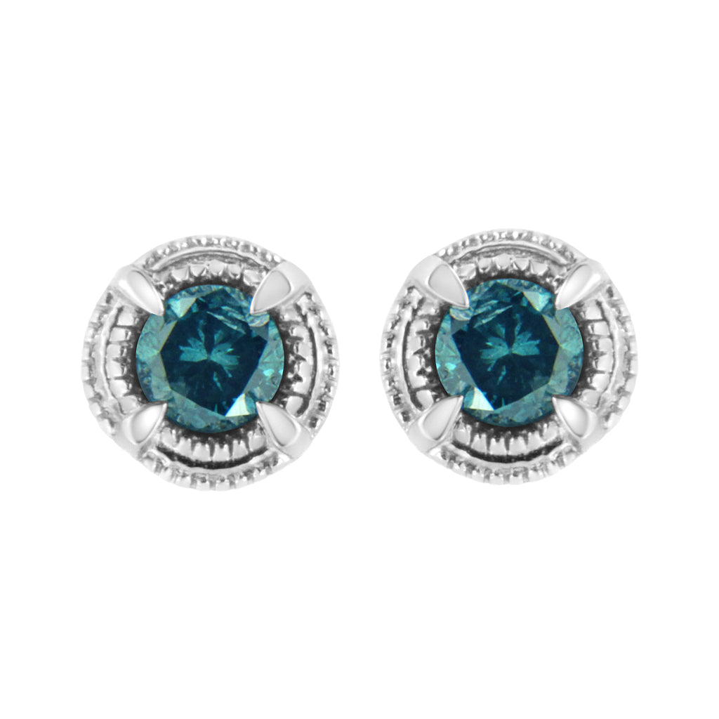 .925 Sterling Silver 1 cttw Treated Black Diamond Modern 4-Prong Solitaire Milgrain Stud Earrings (Black Color, I1-I2 Clarity)