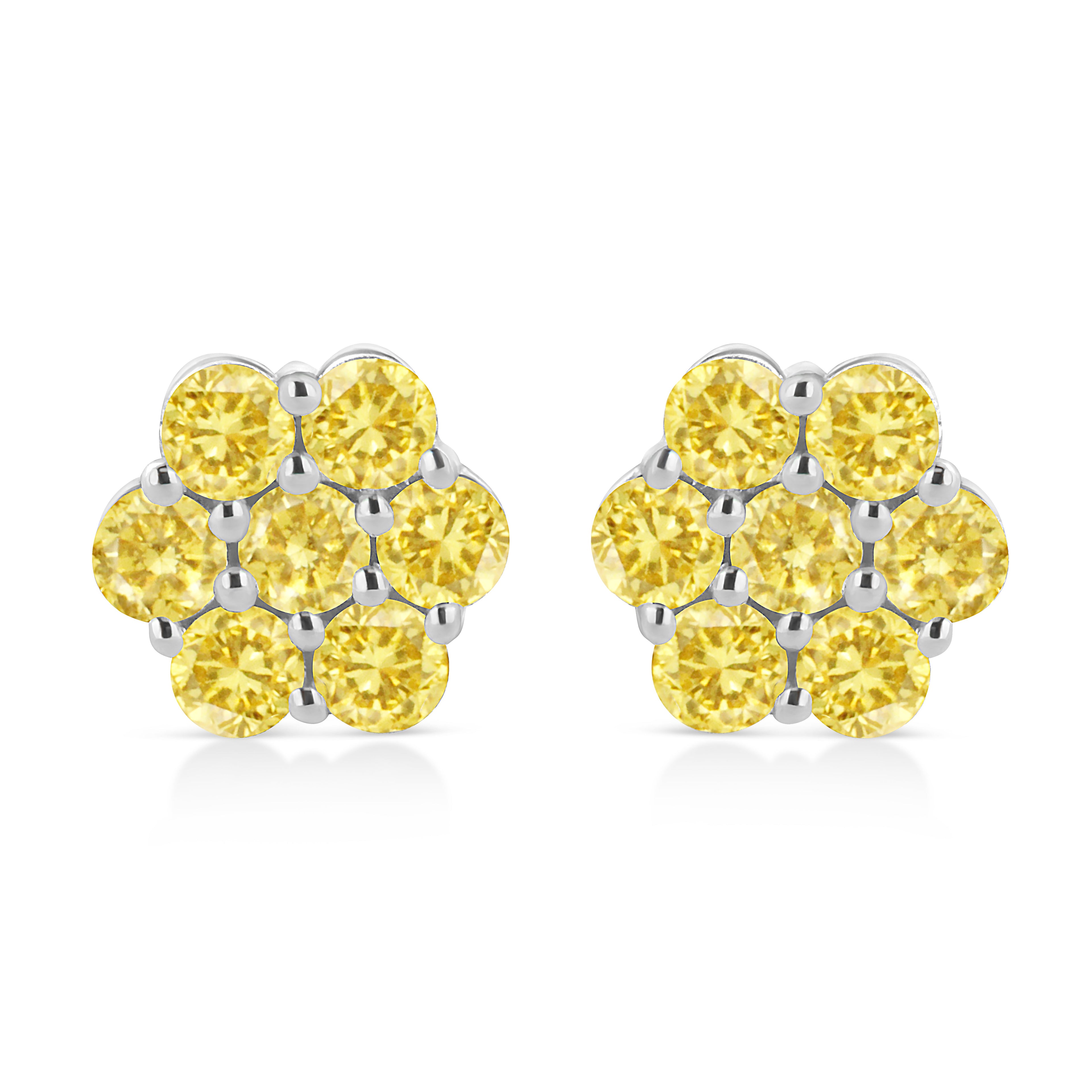 .925 Sterling Silver 1/4 Cttw Treated Yellow Diamond Floral Stud Earrings (Yellow Color, I1-I2 Clarity)