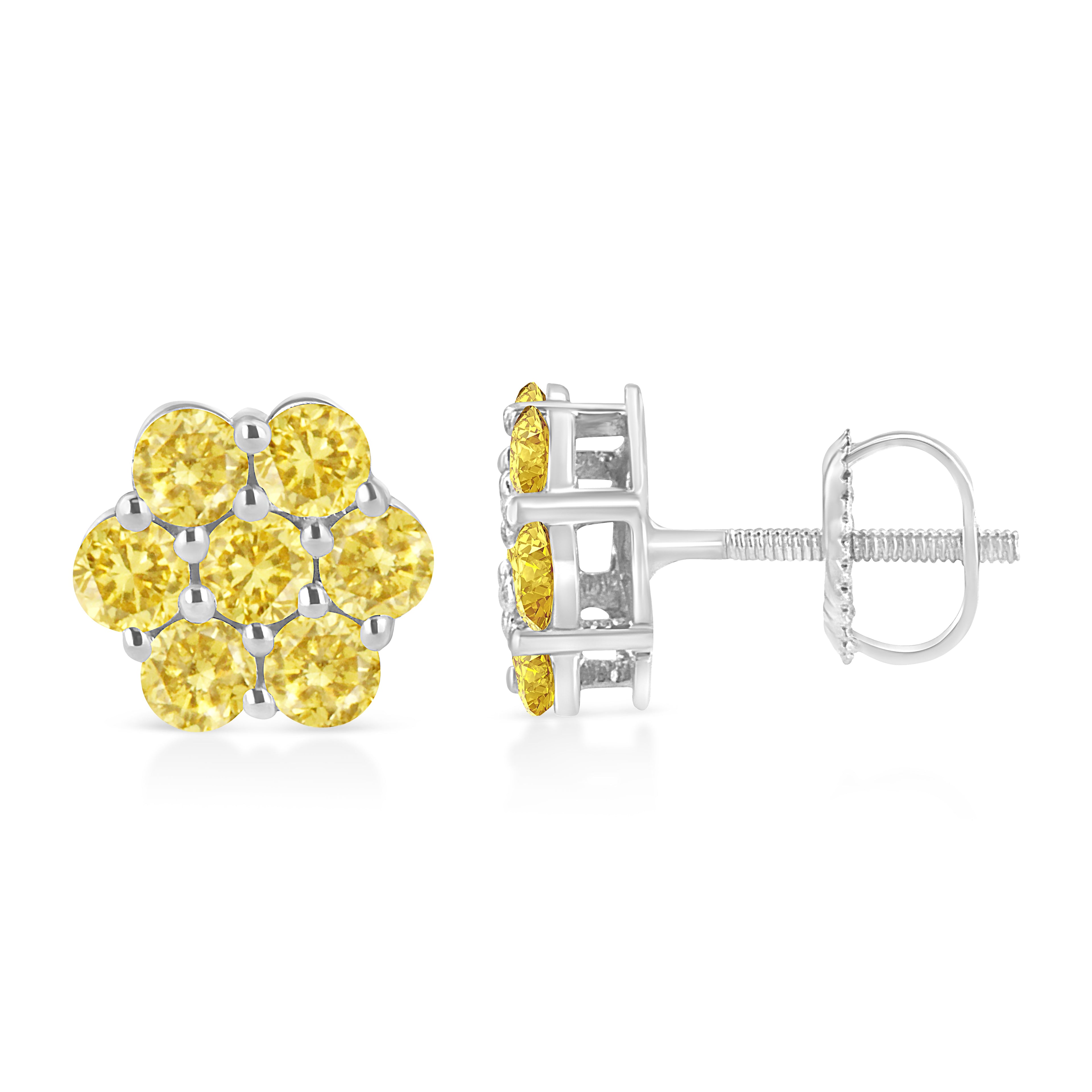 .925 Sterling Silver 1/4 Cttw Treated Yellow Diamond Floral Stud Earrings (Yellow Color, I1-I2 Clarity)