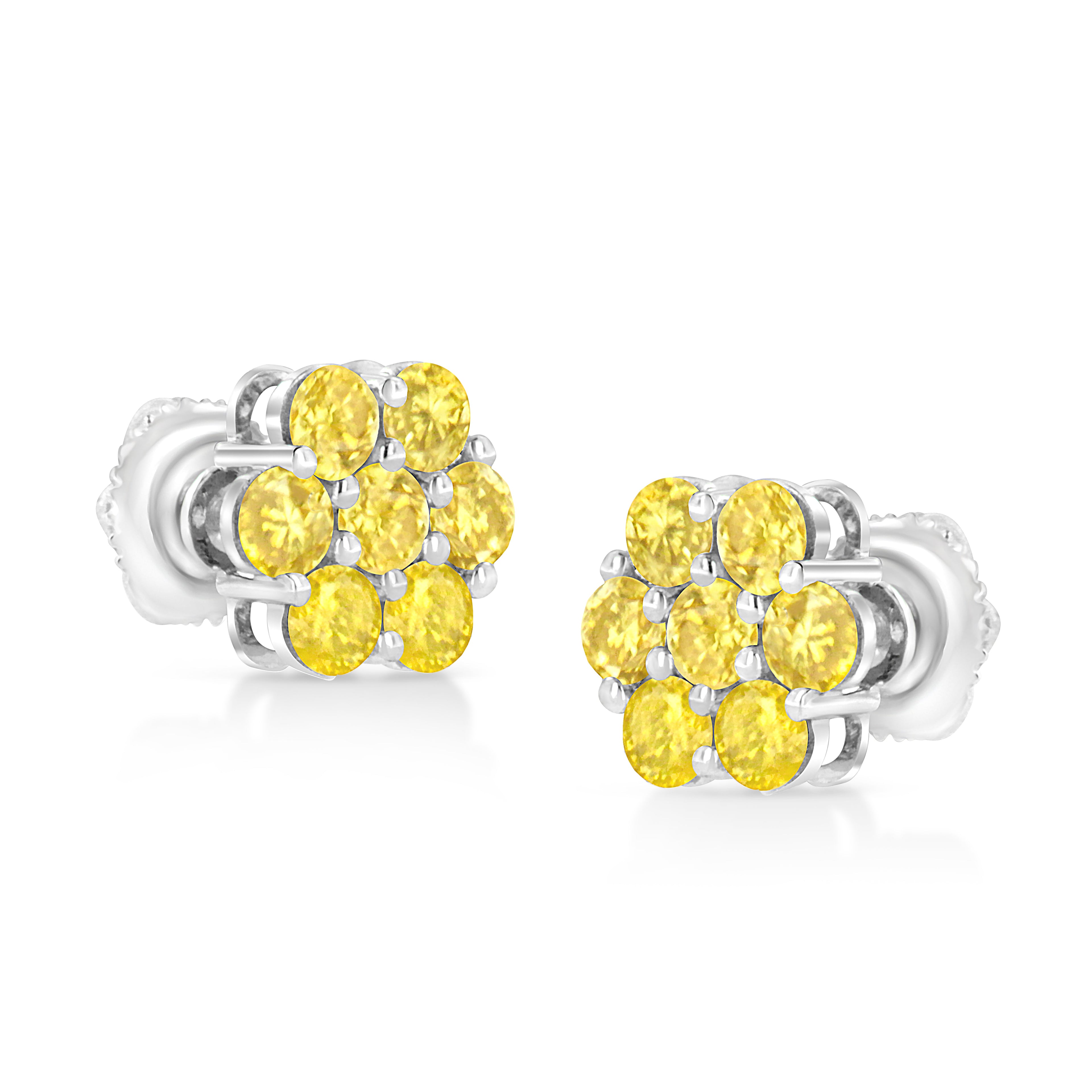 .925 Sterling Silver 1/4 Cttw Treated Yellow Diamond Floral Stud Earrings (Yellow Color, I1-I2 Clarity)