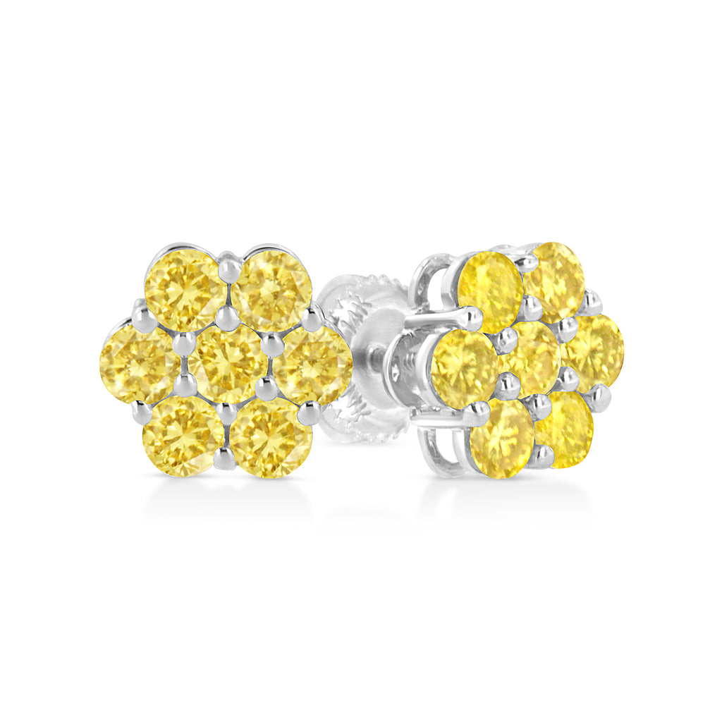 .925 Sterling Silver 1/4 Cttw Treated Yellow Diamond Floral Stud Earrings (Yellow Color, I1-I2 Clarity)