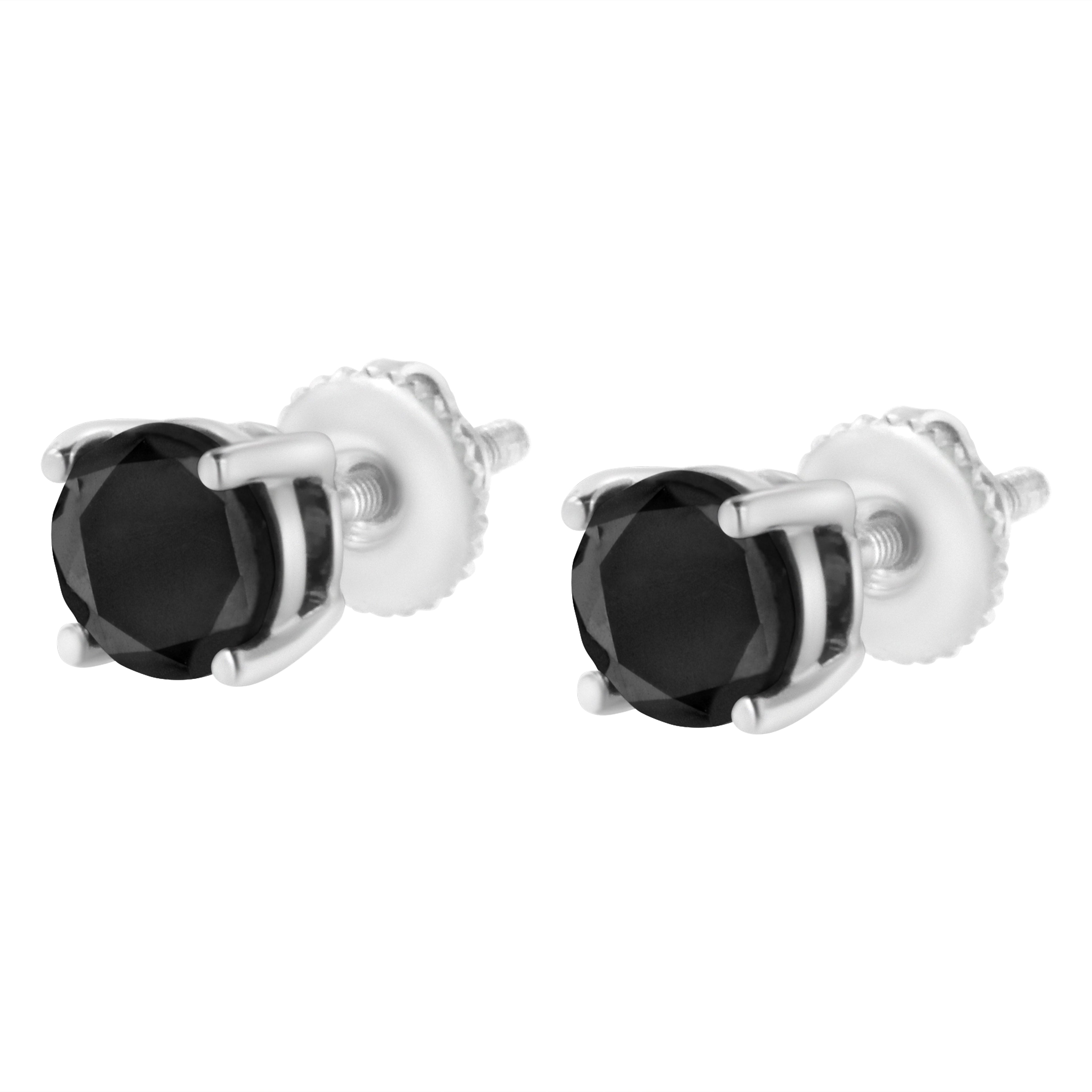 .925 Sterling Silver 2.00 Cttw Round Brilliant-Cut Black Diamond Classic 4-Prong Stud Earrings with Screw Backs (Fancy Color-Enhanced, I2-I3 Clarity)