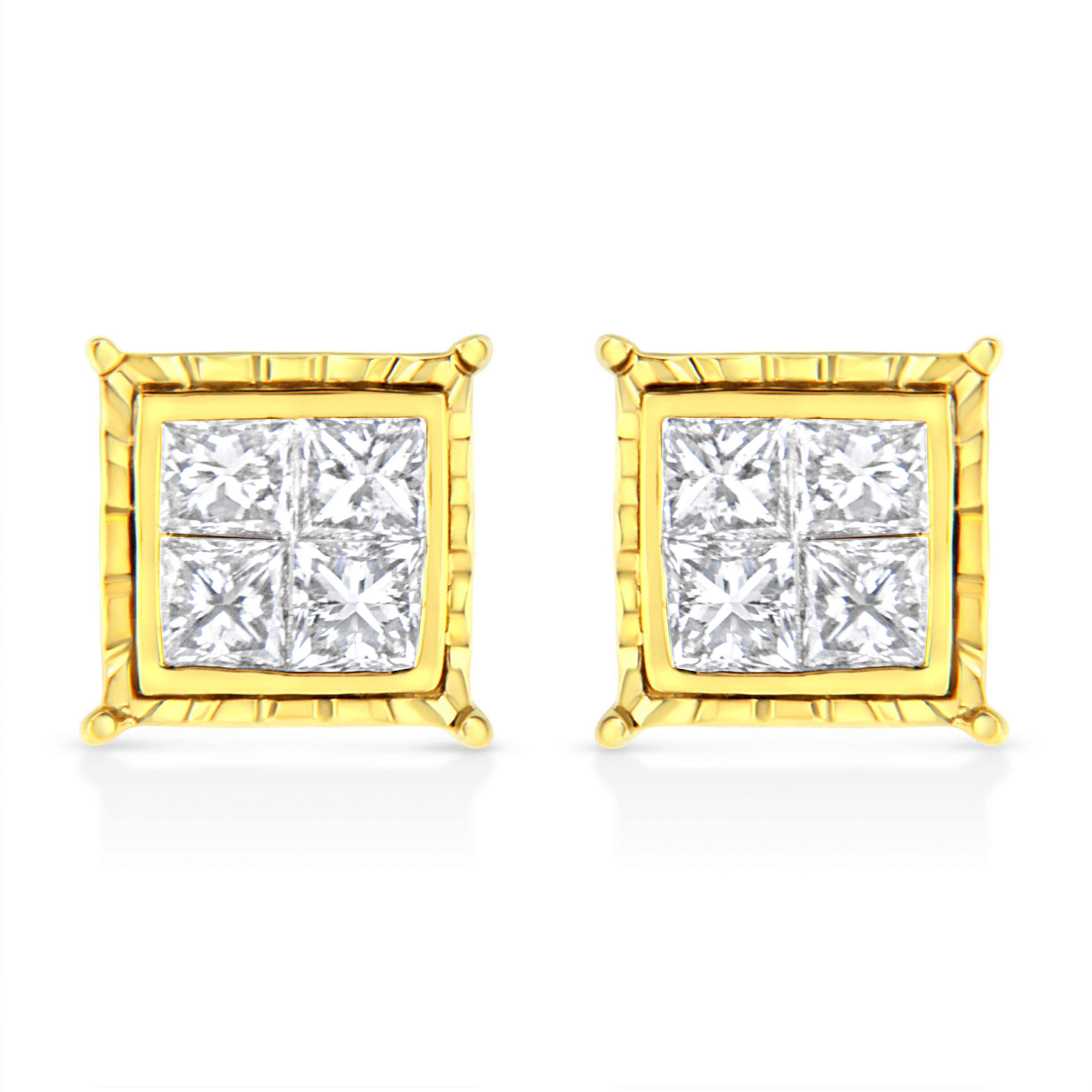 14K Yellow Gold 1 Cttw Princess Cut Diamond Square Stud Earrings