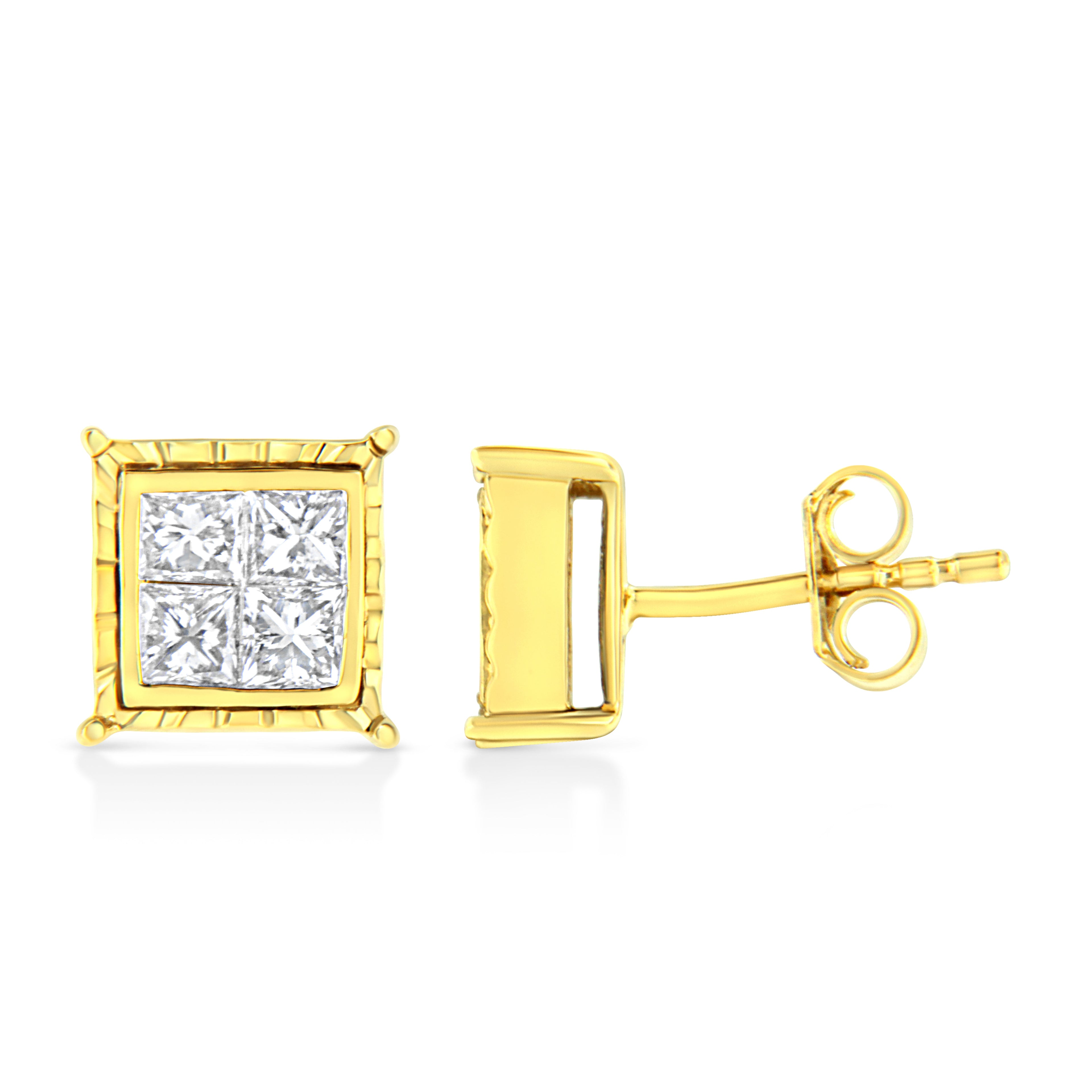 14K Yellow Gold 1 Cttw Princess Cut Diamond Square Stud Earrings