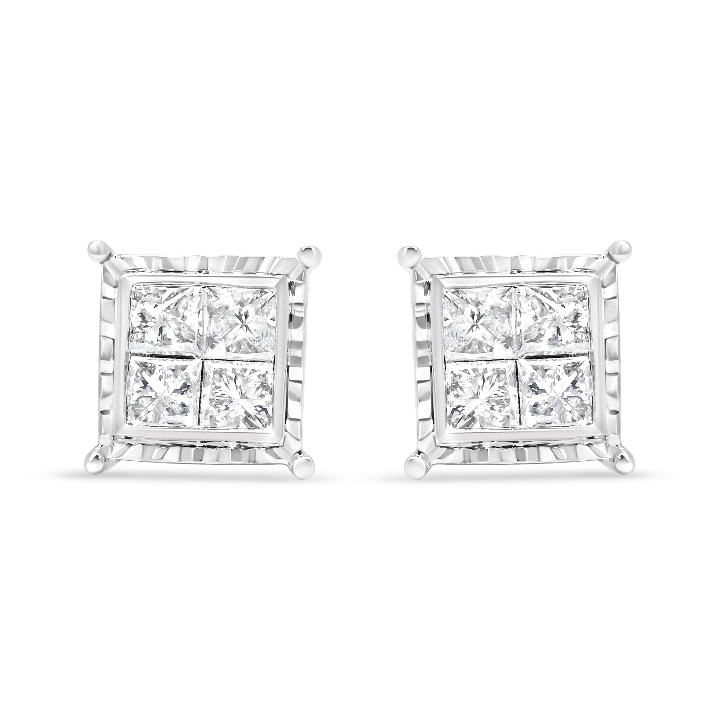 14K White Gold 1 1/2 Cttw Invisible Set Princess-Cut Diamond Contemporary Wavy Quad Stud Earrings (I-J Color, I1-I2 Clarity)