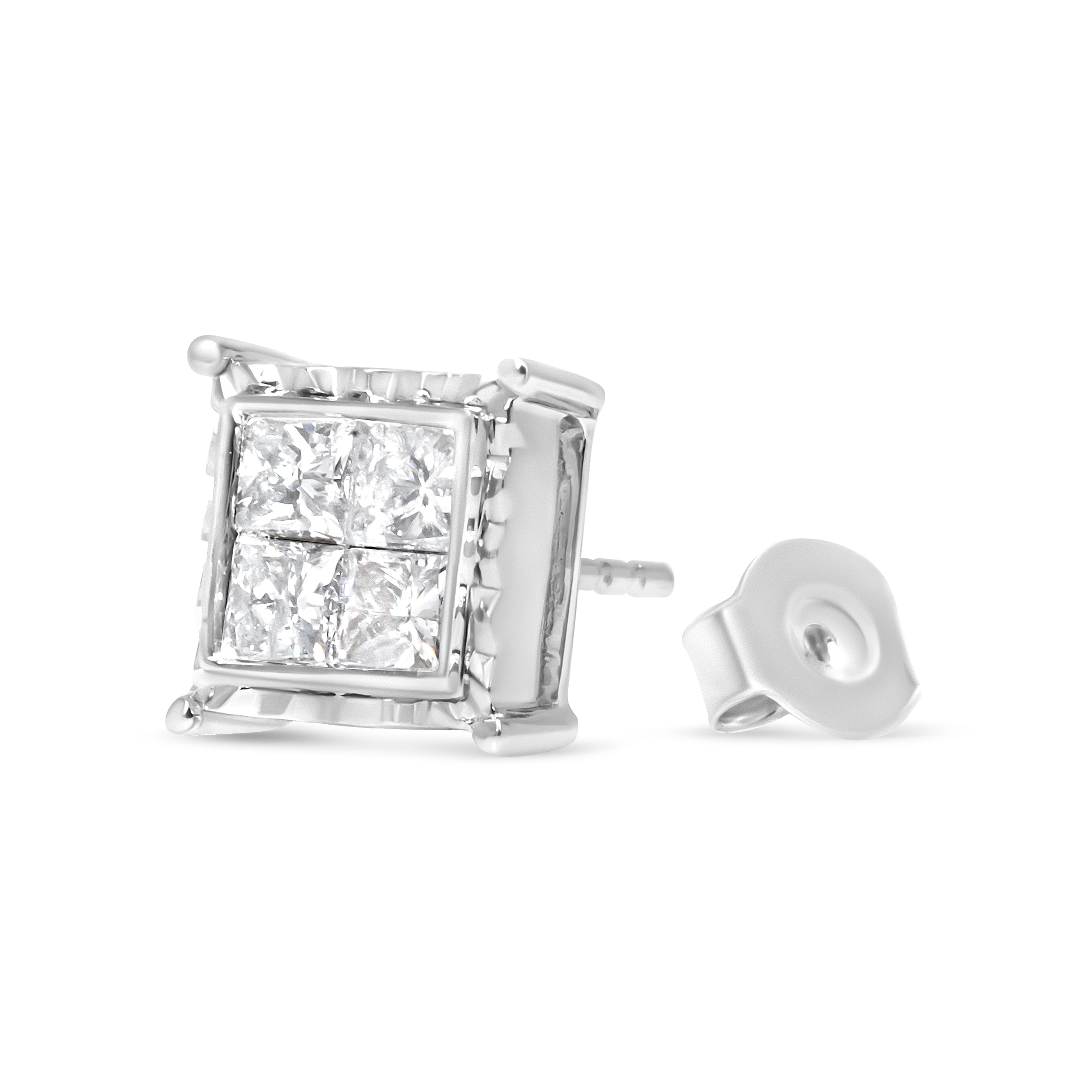 14K White Gold 2.00 Cttw Invisible Set Princess-Cut Lab Grown Diamond Wavy Quad Stud Earrings