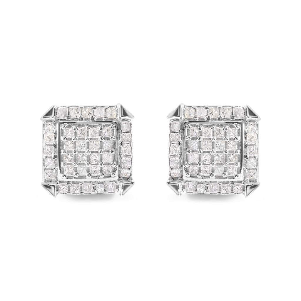 10K White Gold 1 1/10 Cttw Princess Diamond Composite and Halo Stud Earrings (I-J Color, I1-I2 Clarity)