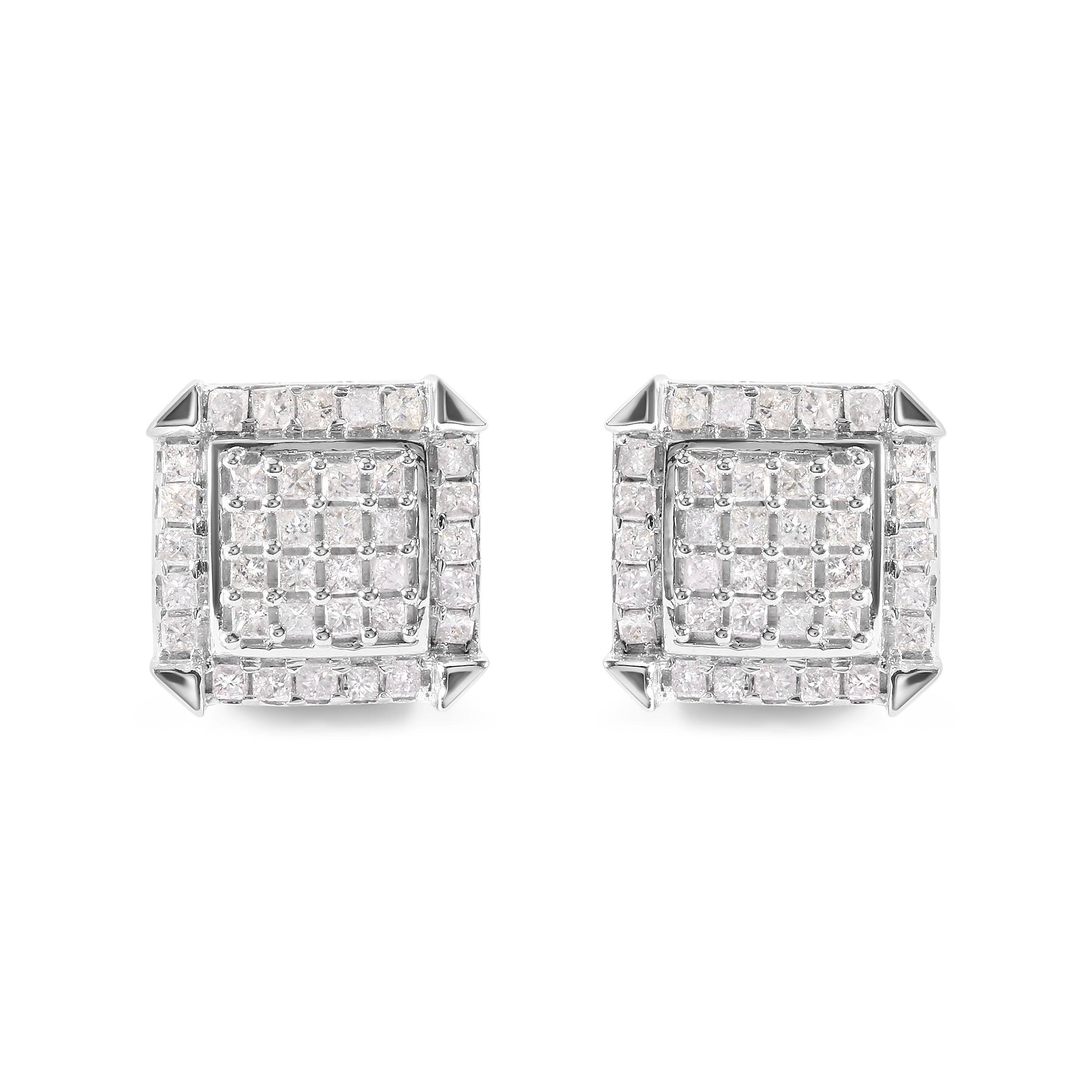 10K White Gold 1 1/10 Cttw Princess Diamond Composite and Halo Stud Earrings (I-J Color, I1-I2 Clarity)