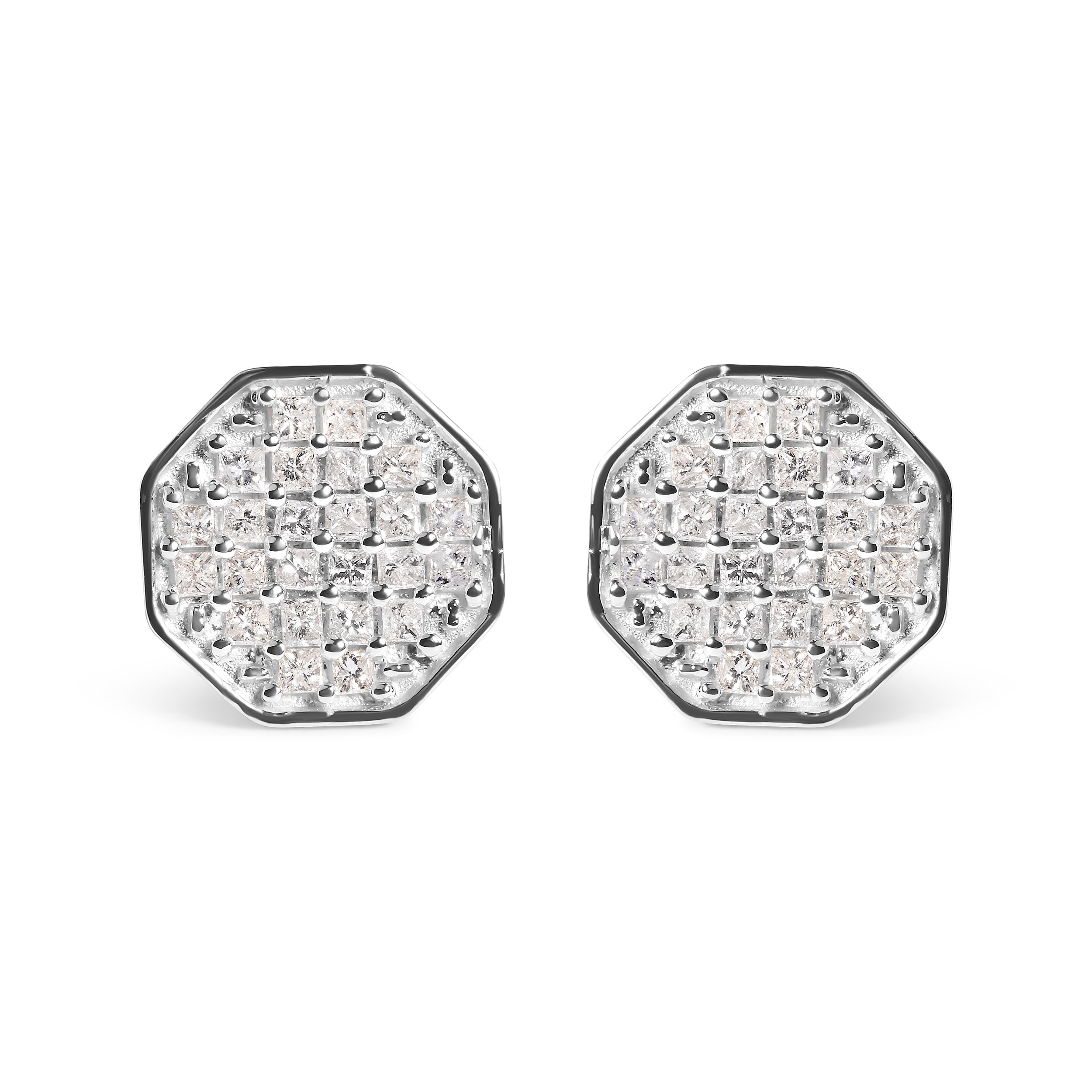 10K White Gold 7/8 Cttw Princess Diamond Composite Octagon Shaped Stud Earrings (I-J Color, I1-I2 Clarity)