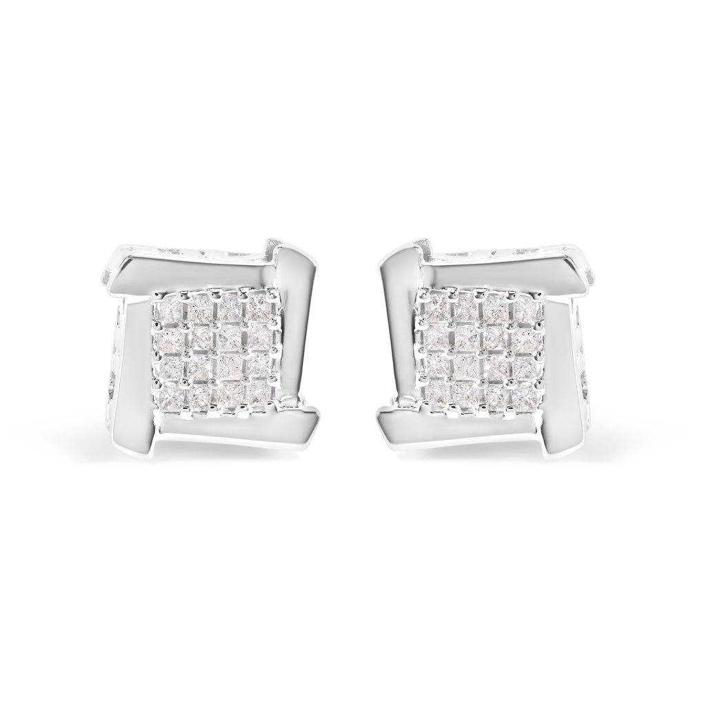 10K White Gold 1/2 Cttw Composite  Princess Diamond Square and Swirl Stud Earrings (I-J Color, I1-I2 Clarity)