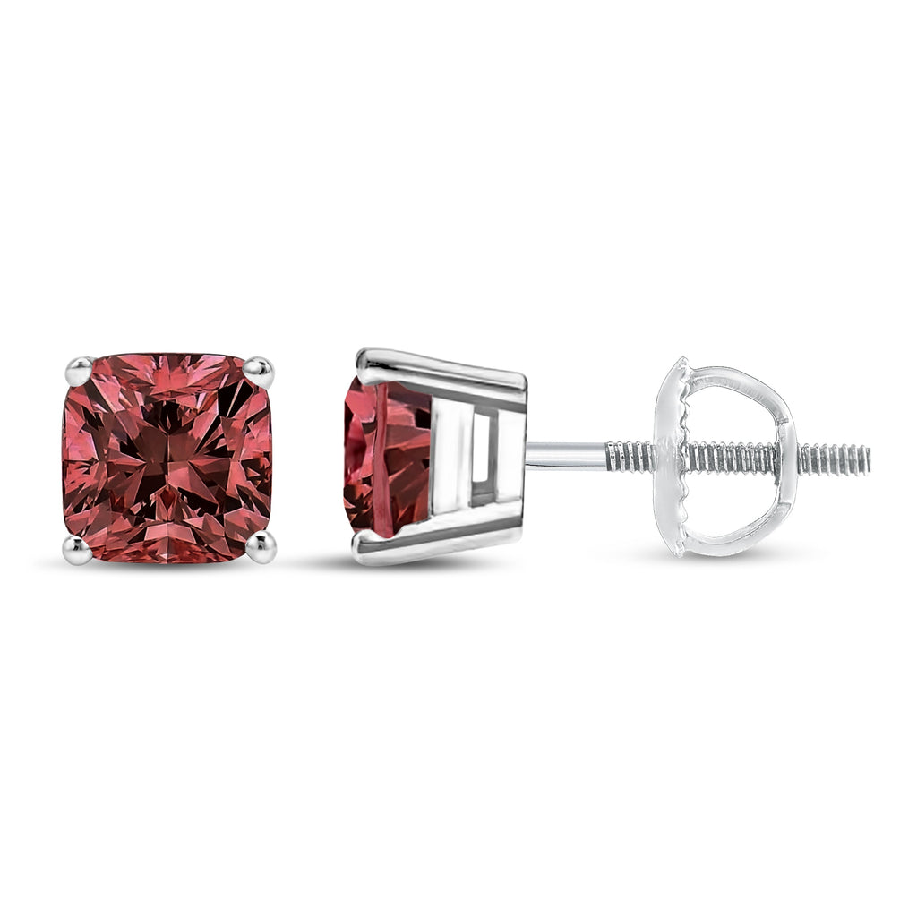 14K White Gold 1 1/2 Cttw Lab Grown Pink Cushion 4-Prong Set Classic Diamond Solitaire Stud Earrings (Pink Color, VS1-VS2 Clarity)