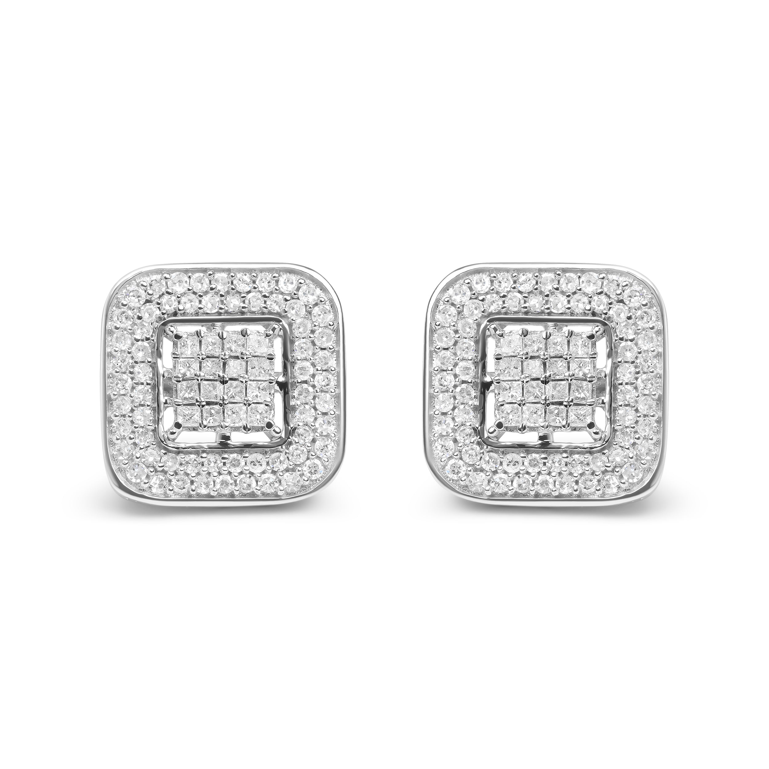10K White Gold 1.0 Cttw Round and Princess Cut Diamond Composite Open Halo Stud Earrings (H-I Color, SI1-SI2 Clarity)