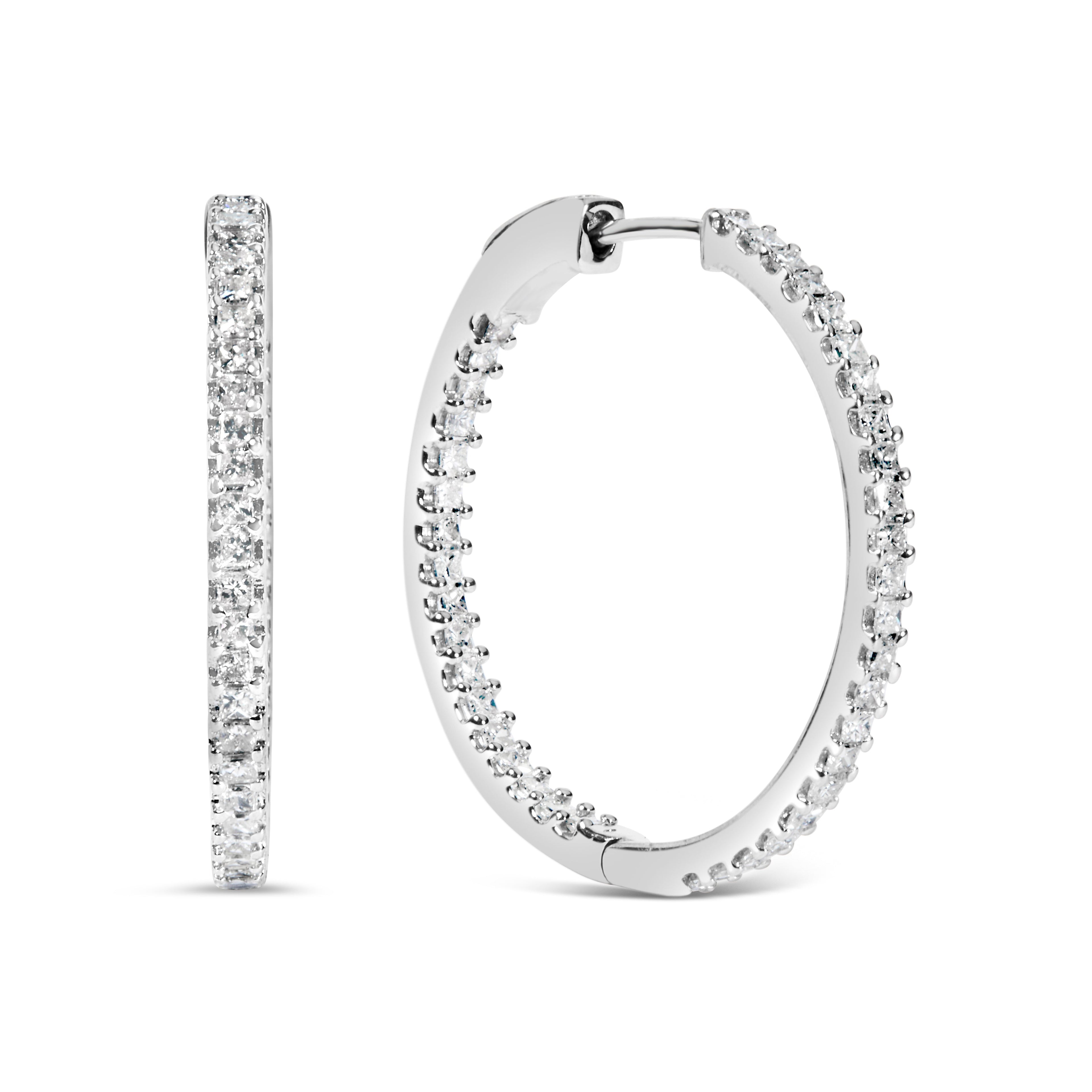 14K White Gold 1.0 Cttw Princess Diamond Inside Out Hoop Earrings (H-I Color, I1-I2 Clarity) - 23 MM