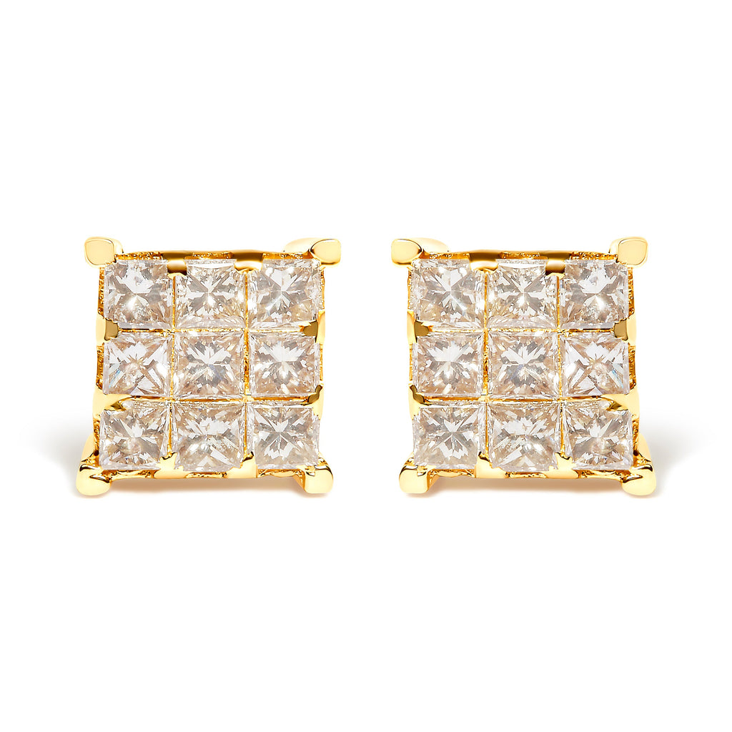 14K Yellow Gold 1 1/2 Cttw Invisible Set Princess-Cut Diamond 9 Stone Square Stud Earrings (J-K Color, SI2-I1 Clarity)