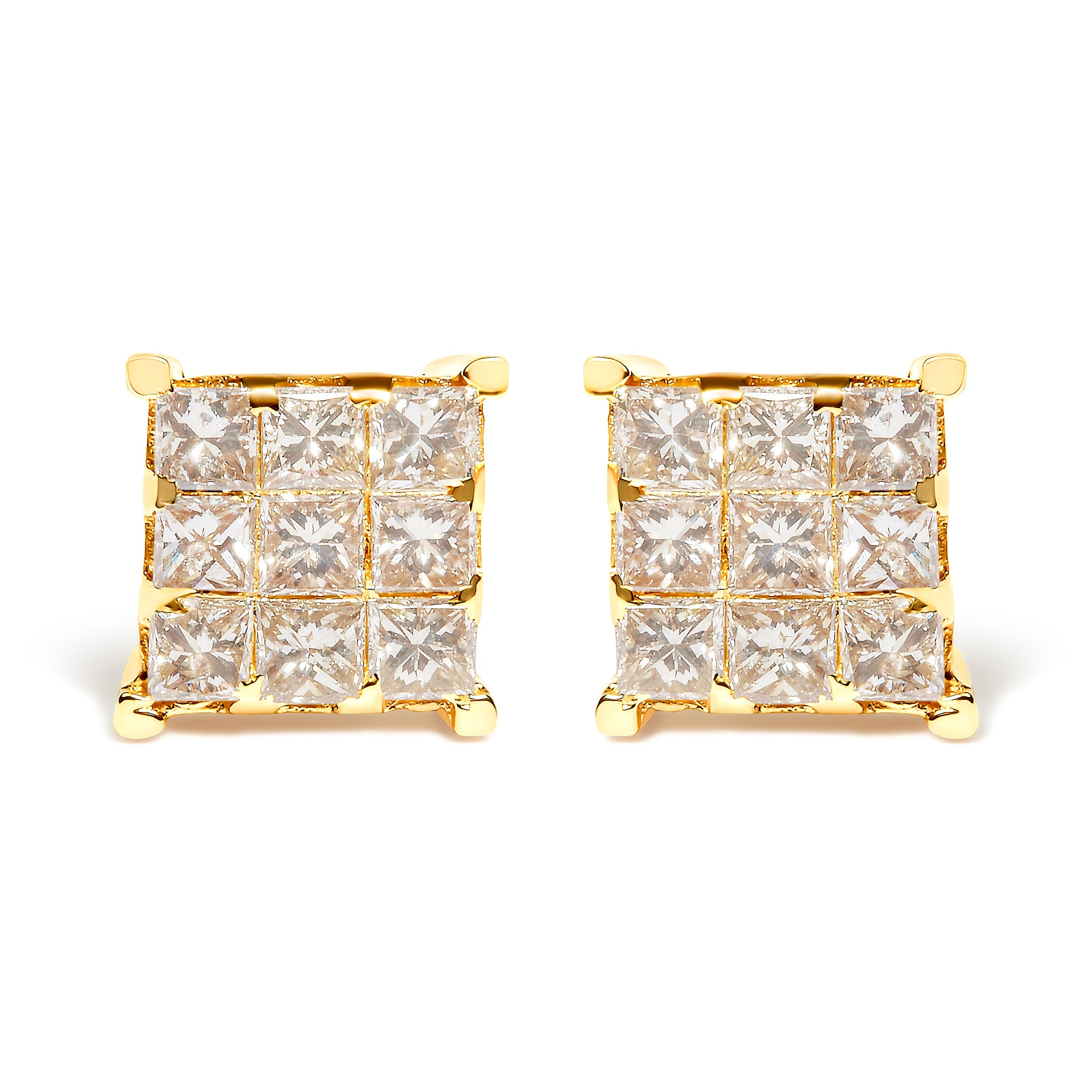 14K Yellow Gold 1 1/2 Cttw Invisible Set Princess-Cut Diamond 9 Stone Square Stud Earrings (J-K Color, SI2-I1 Clarity)