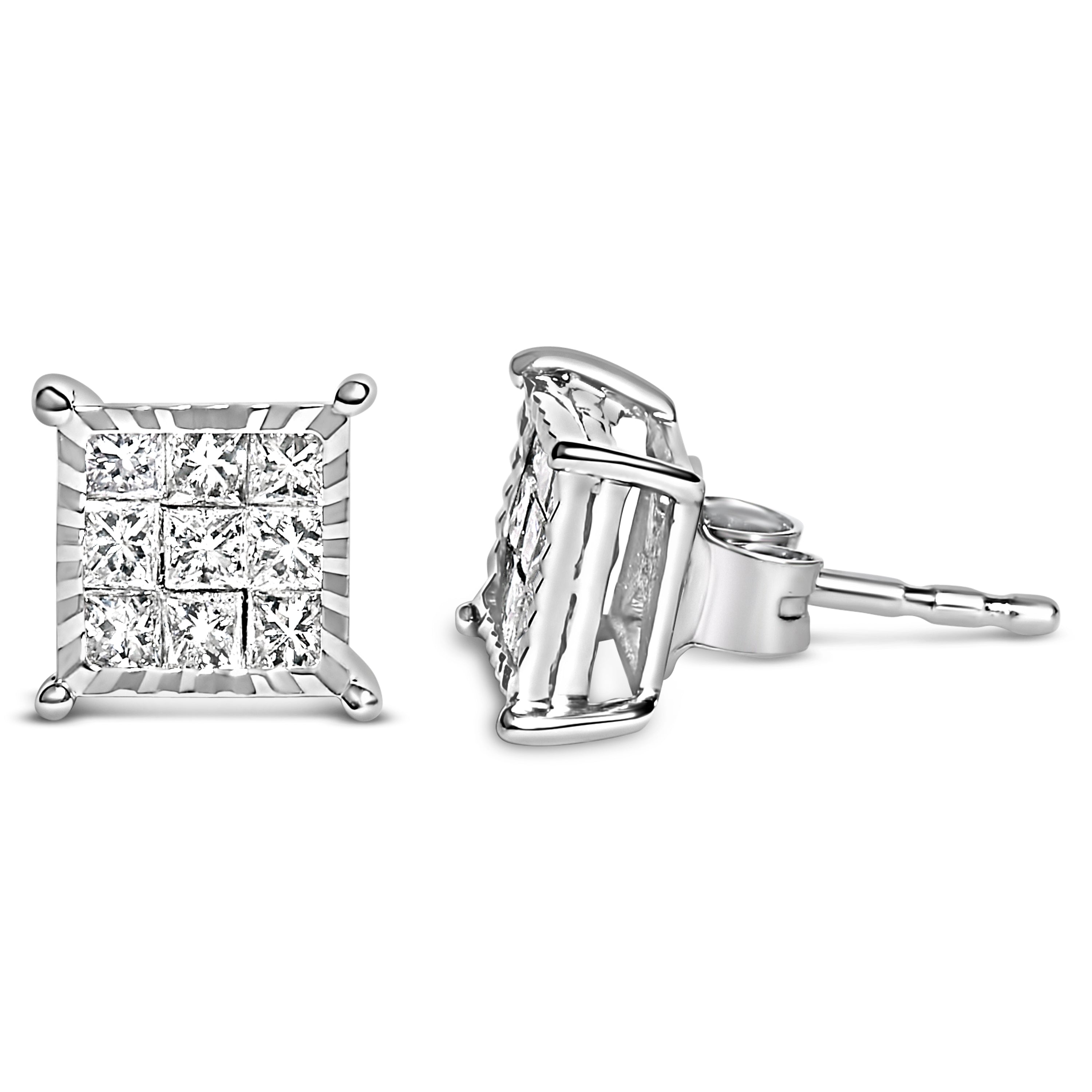 Sterling Silver 1/2 Cttw Princess Diamond Composite Square Stud Earrings