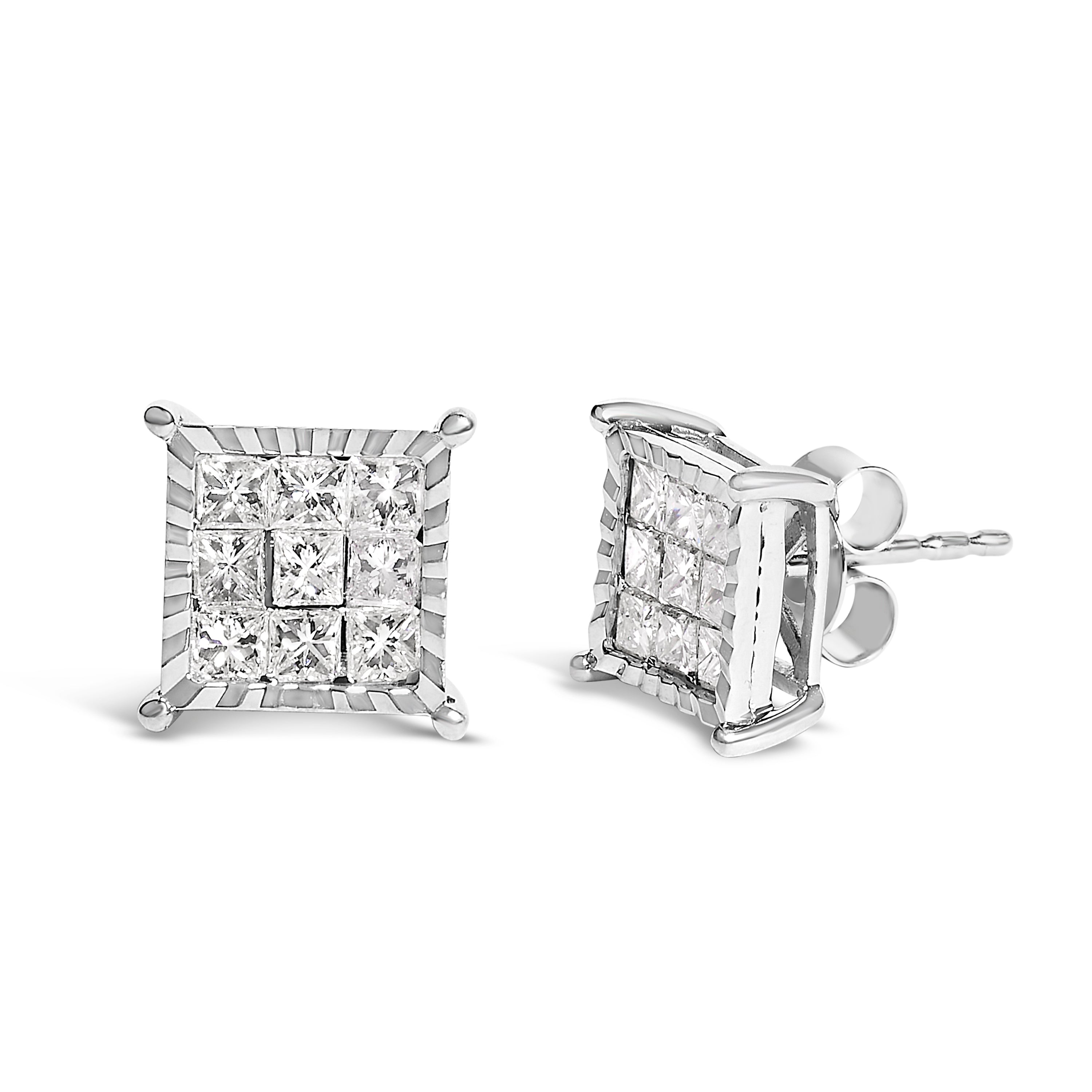 Sterling Silver 1.0 Cttw Princess Diamond Composite Square Stud Earrings