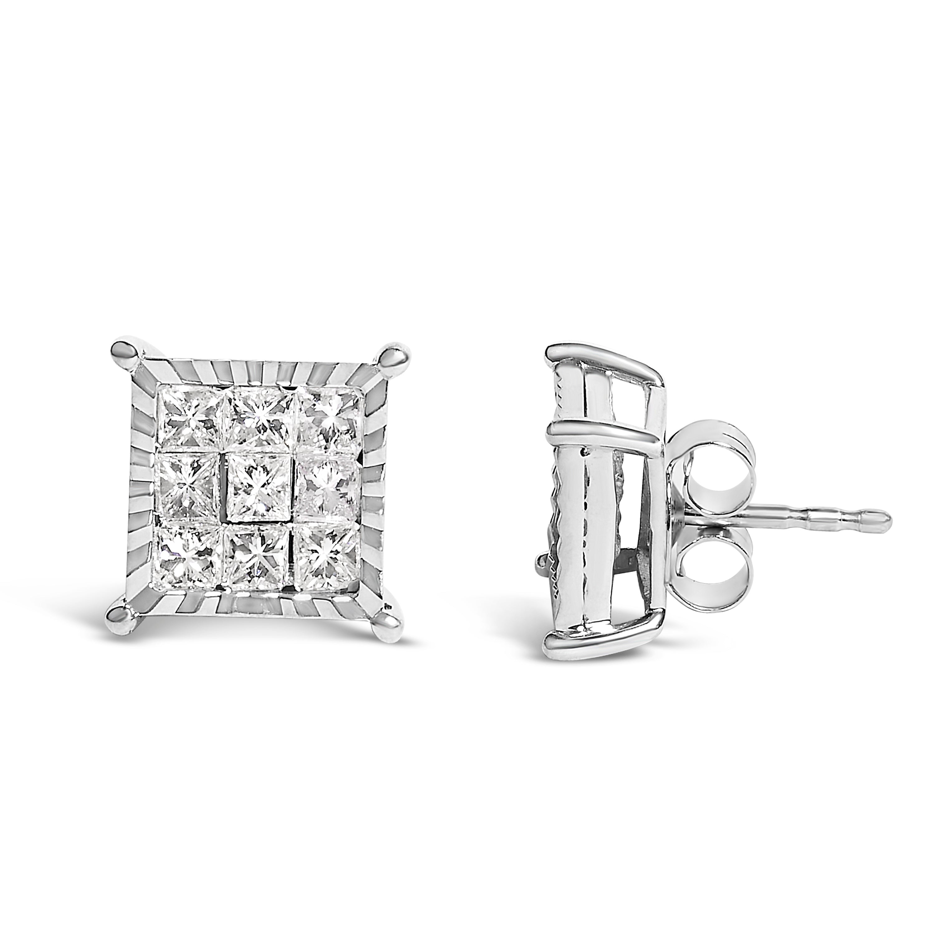 Sterling Silver 1.0 Cttw Princess Diamond Composite Square Stud Earrings