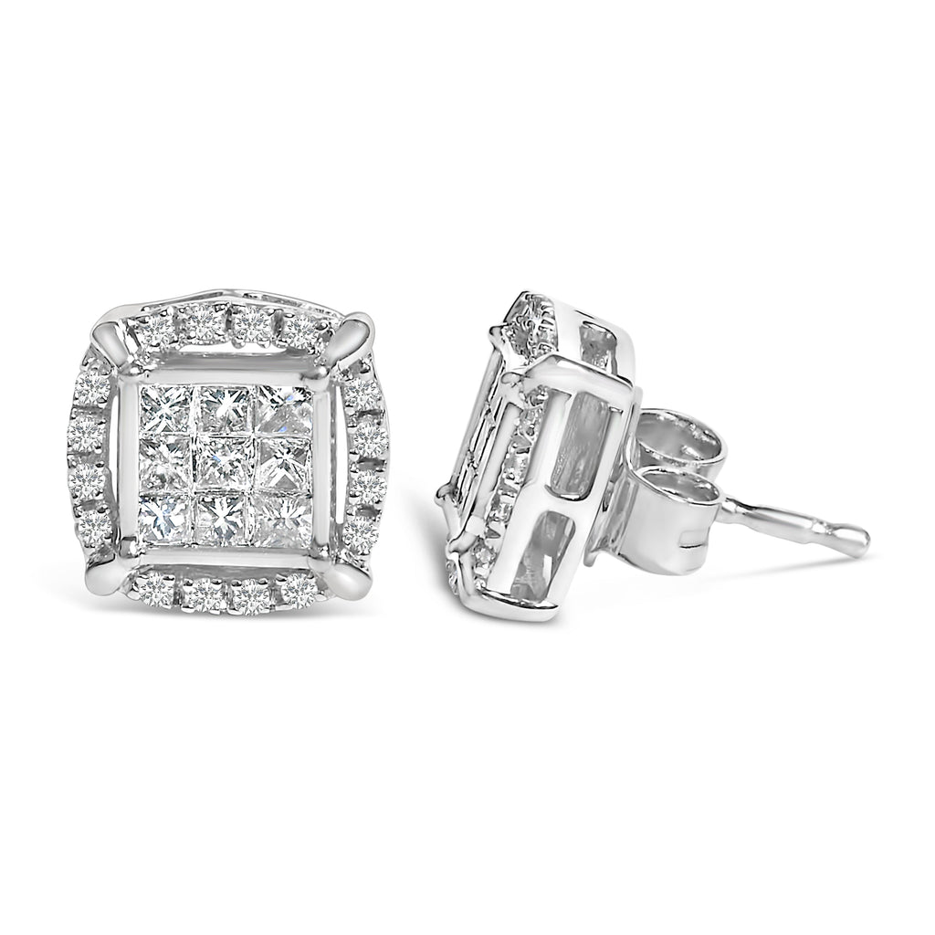 Sterling Silver 1/2 Cttw Princess Cut Diamond Composite and Halo Stud Earrings