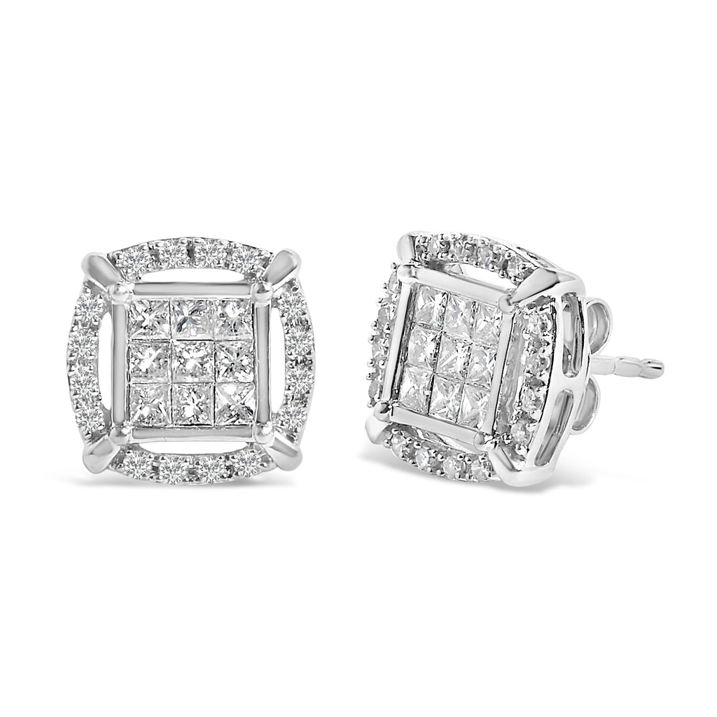 Sterling Silver 1 Cttw Princess Cut Diamond Square Halo Stud Earrings