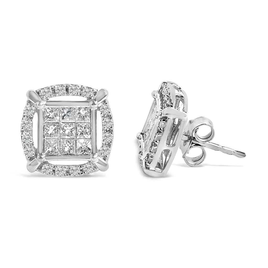 Sterling Silver 1 Cttw Princess Cut Diamond Square Halo Stud Earrings