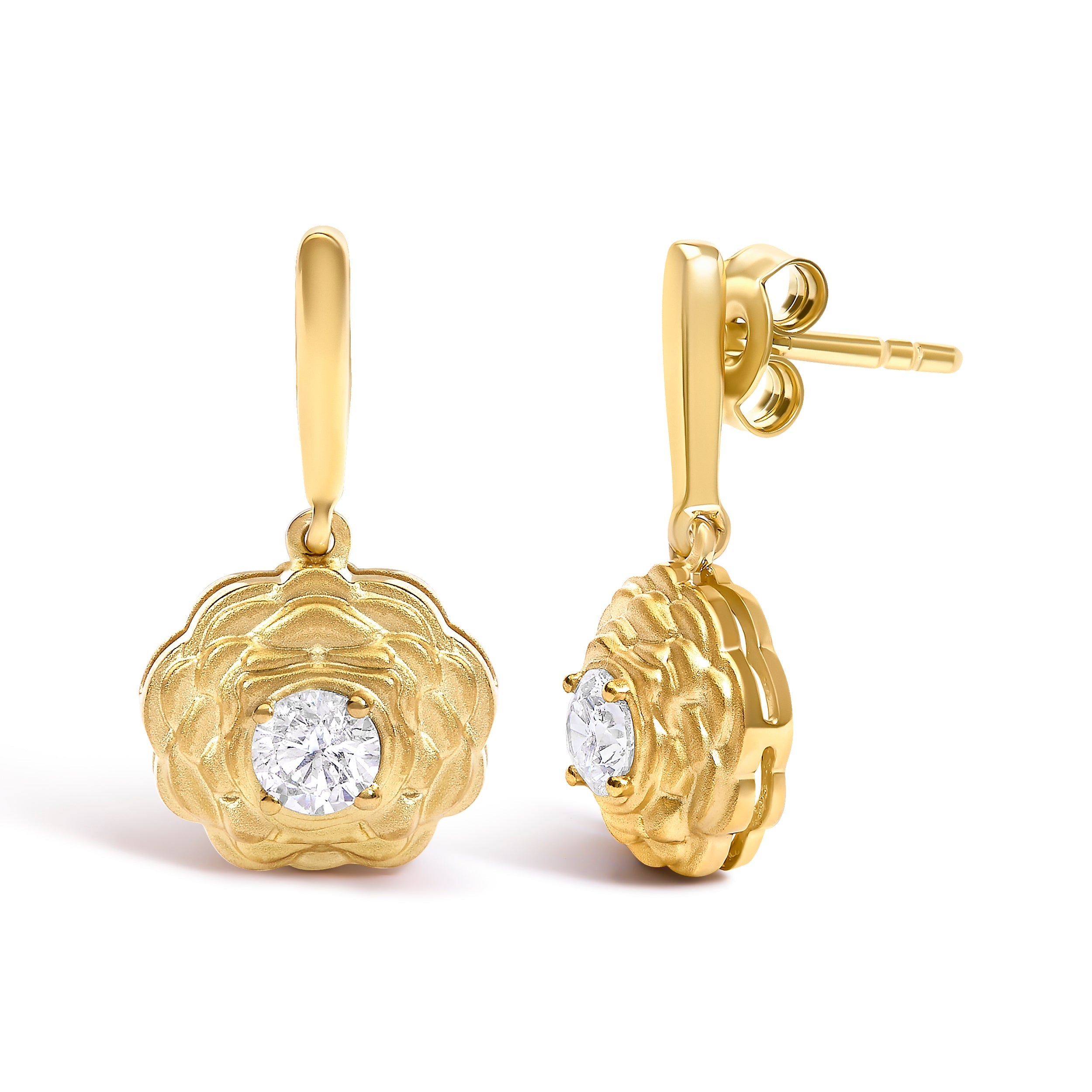 14K Yellow Gold Plated Sterling Silver 5/8 Cttw Lab Grown Diamond Flower Drop Earrings
