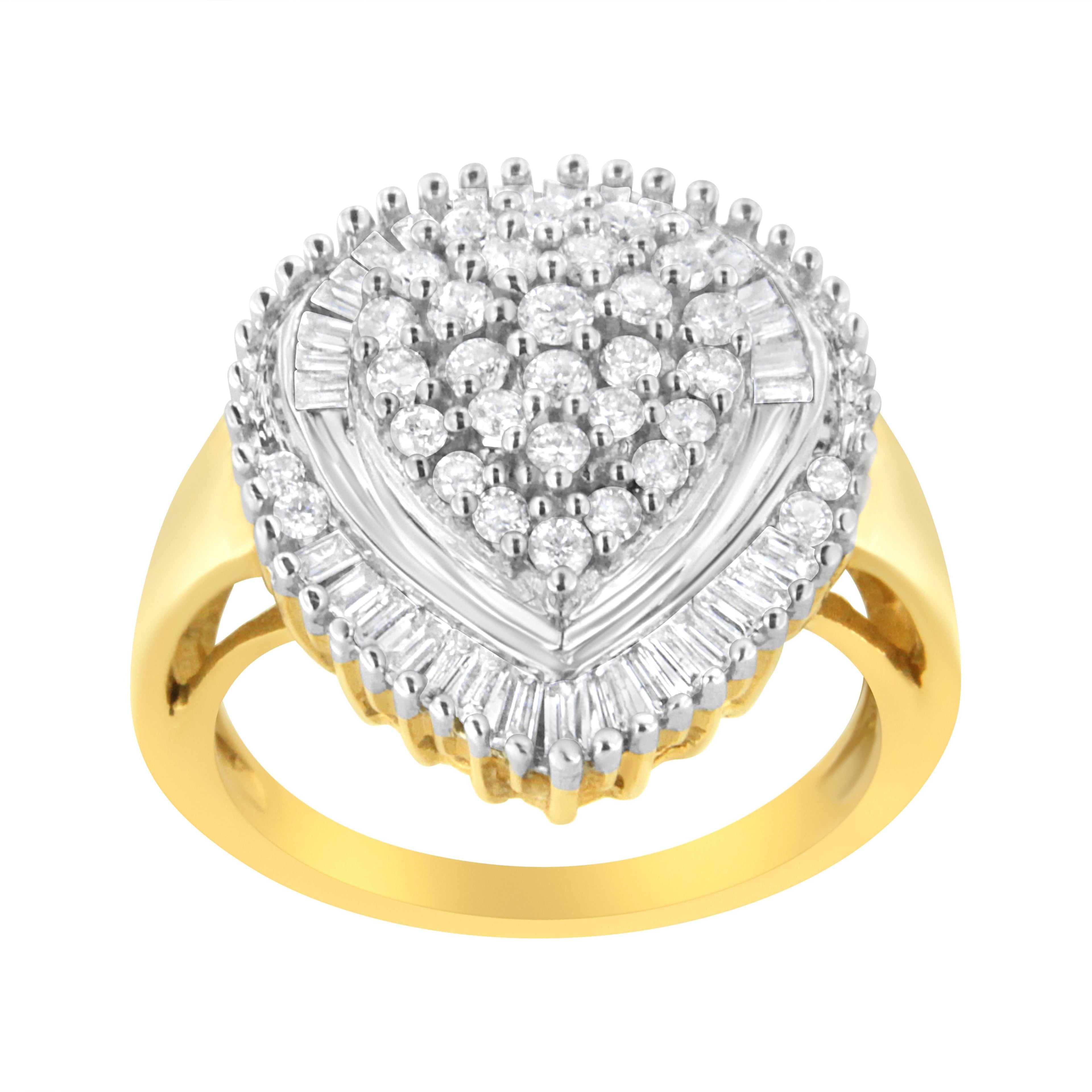 10K Yellow Gold 1.0 Cttw Round and Baguette Cut Diamond Oval Shaped Cluster Ring (I-J Color, I1-I2 Clarity) - Size 7
