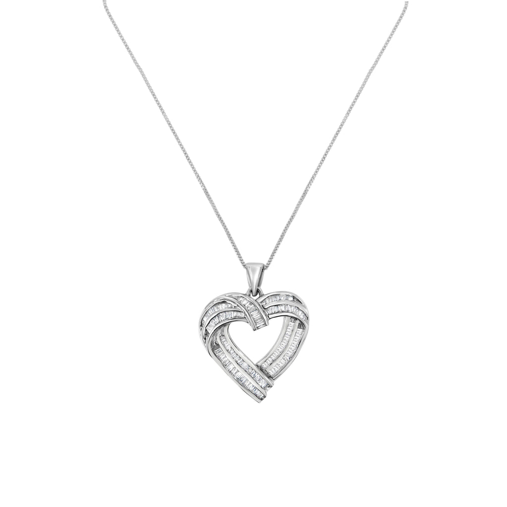 Sterling Silver 7/8 cttw Baguette Diamond Heart Pendant Necklace (I-J, I2-I3)