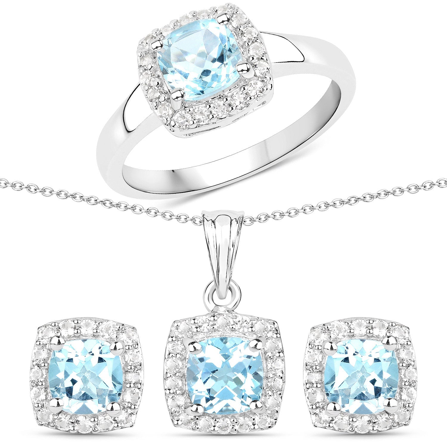 4.62 Carat Genuine Blue Topaz and White Topaz .925 Sterling Silver 3 Piece Jewelry Set (Ring, Earrings, and Pendant w/ Chain)