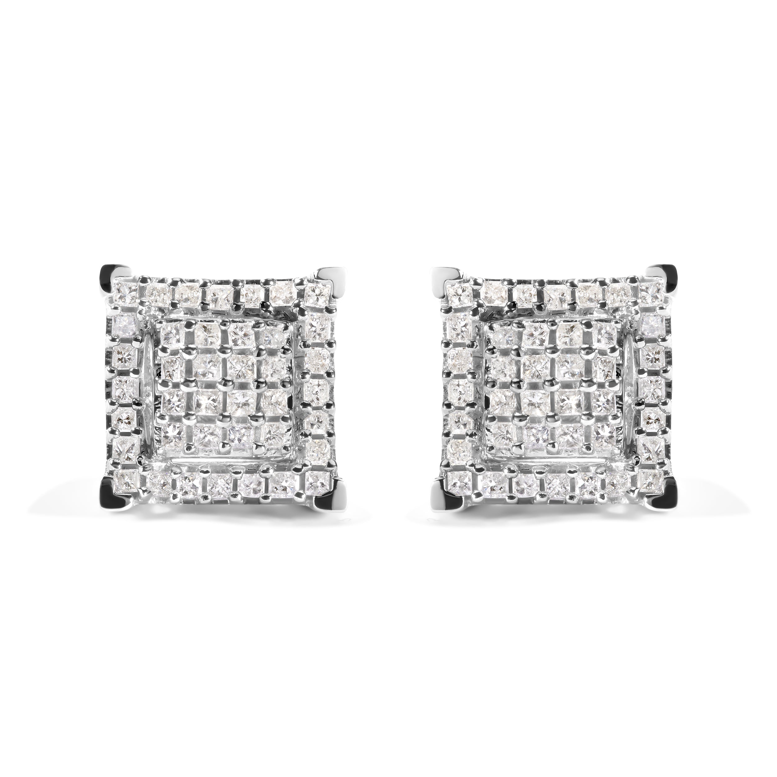 10K White Gold 1 1/4 Cttw Princess Diamond Composite Double Square and Halo Stud Earrings (I-J Color, I1-I2 Clarity)