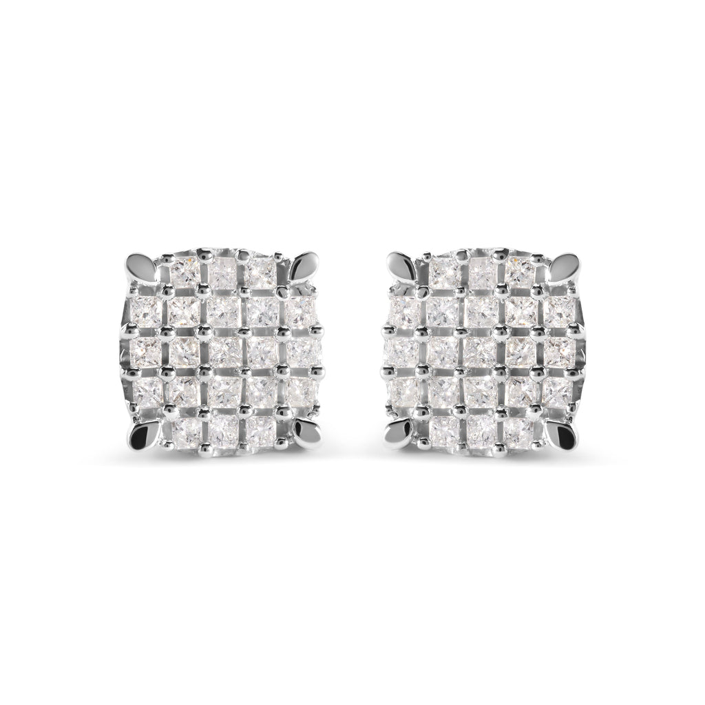 10K White Gold 3/4 Cttw Princess Diamond Composite Cushion Shape Stud Earrings (I-J Color, I1-I2 Clarity)