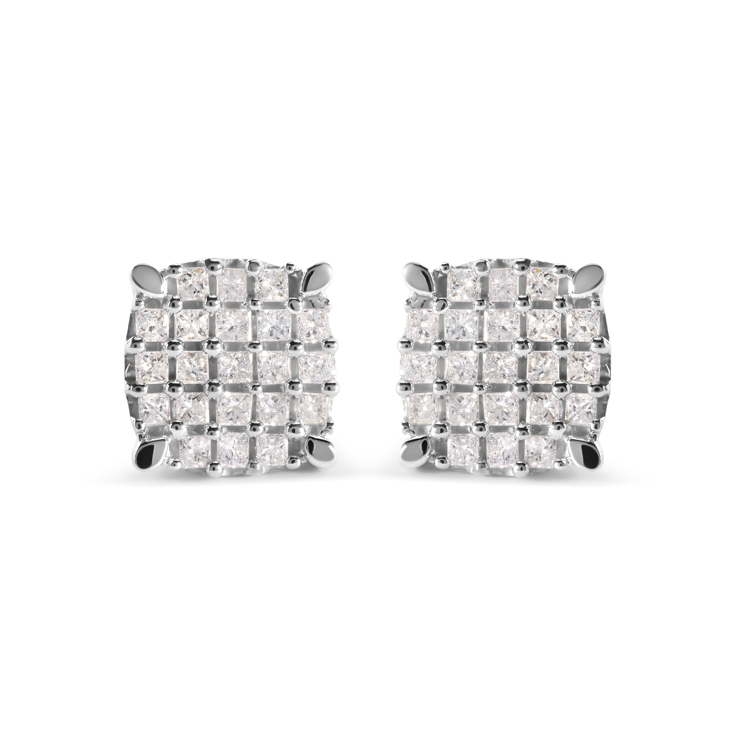 10K White Gold 3/4 Cttw Princess Diamond Composite Cushion Shape Stud Earrings (I-J Color, I1-I2 Clarity)