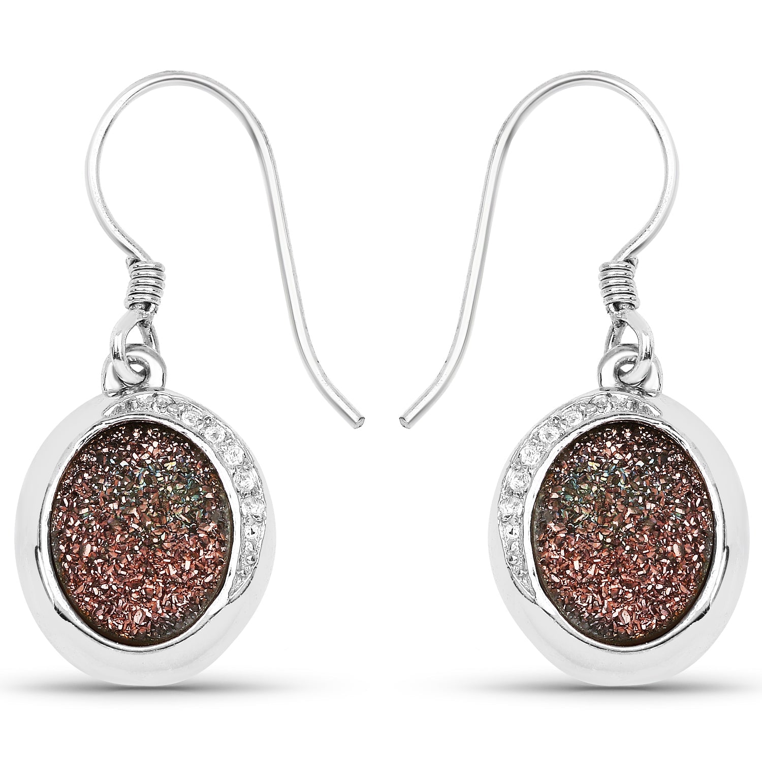 4.72 Carat Genuine Copper Bloom Drusy and White Topaz .925 Sterling Silver Earrings
