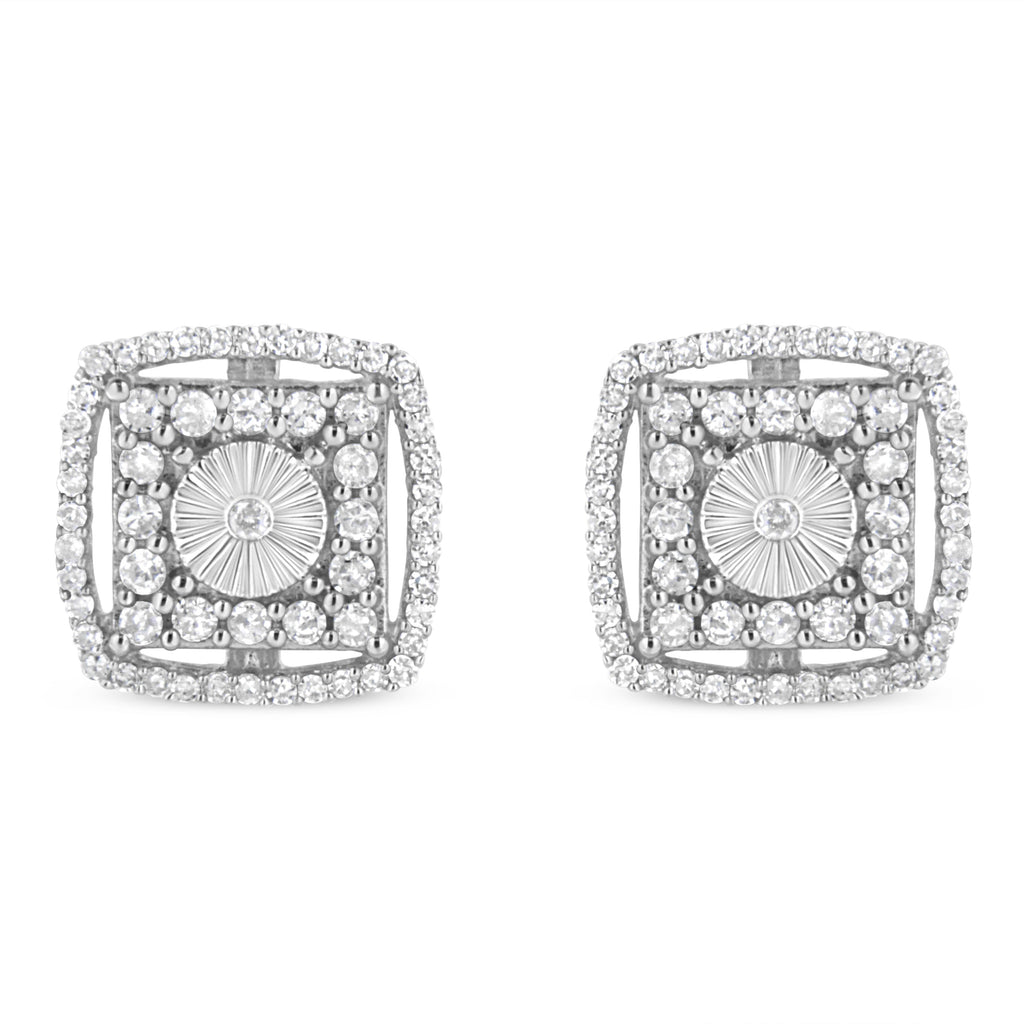 .925 Sterling Silver 1.0 Cttw Round Diamond Double Halo and Disc Stud Earring (I-J Color, I2-I3 Clarity)