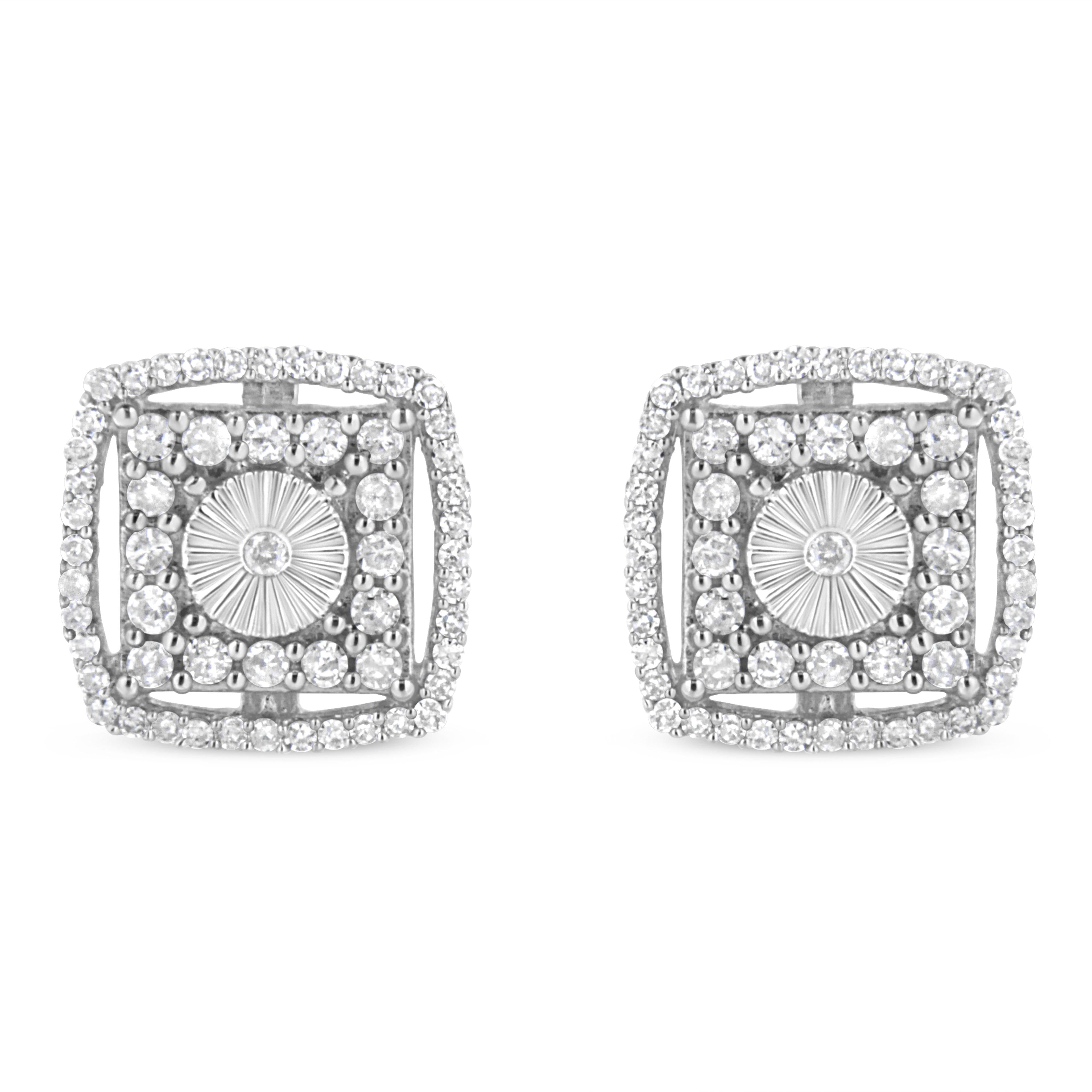 .925 Sterling Silver 1.0 Cttw Round Diamond Double Halo and Disc Stud Earring (I-J Color, I2-I3 Clarity)
