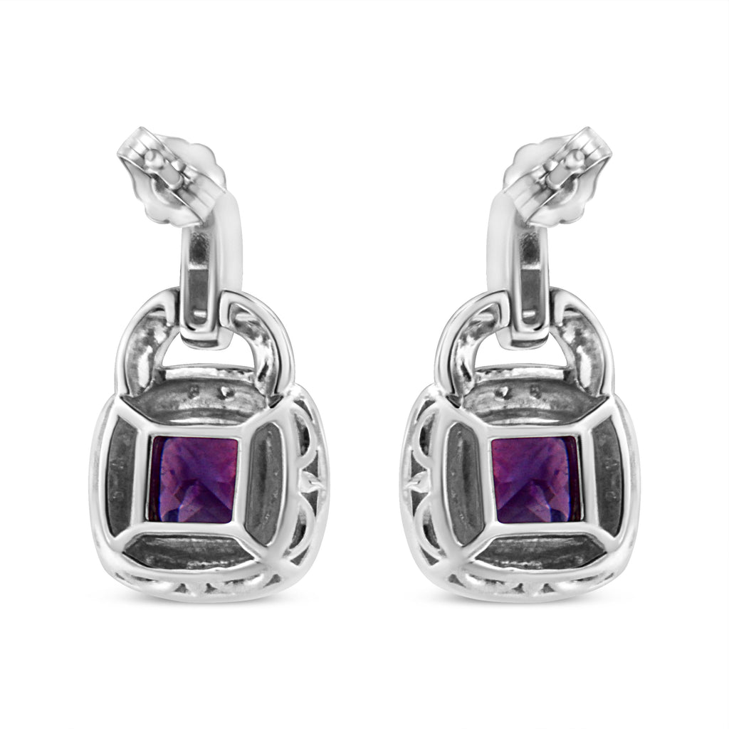 .925 Sterling Silver 8MM Natural Cushion Shaped Amethyst and Diamond Accent Halo with Push Back Dangle Earrings (I-J Color, I2-I3 Clarity)