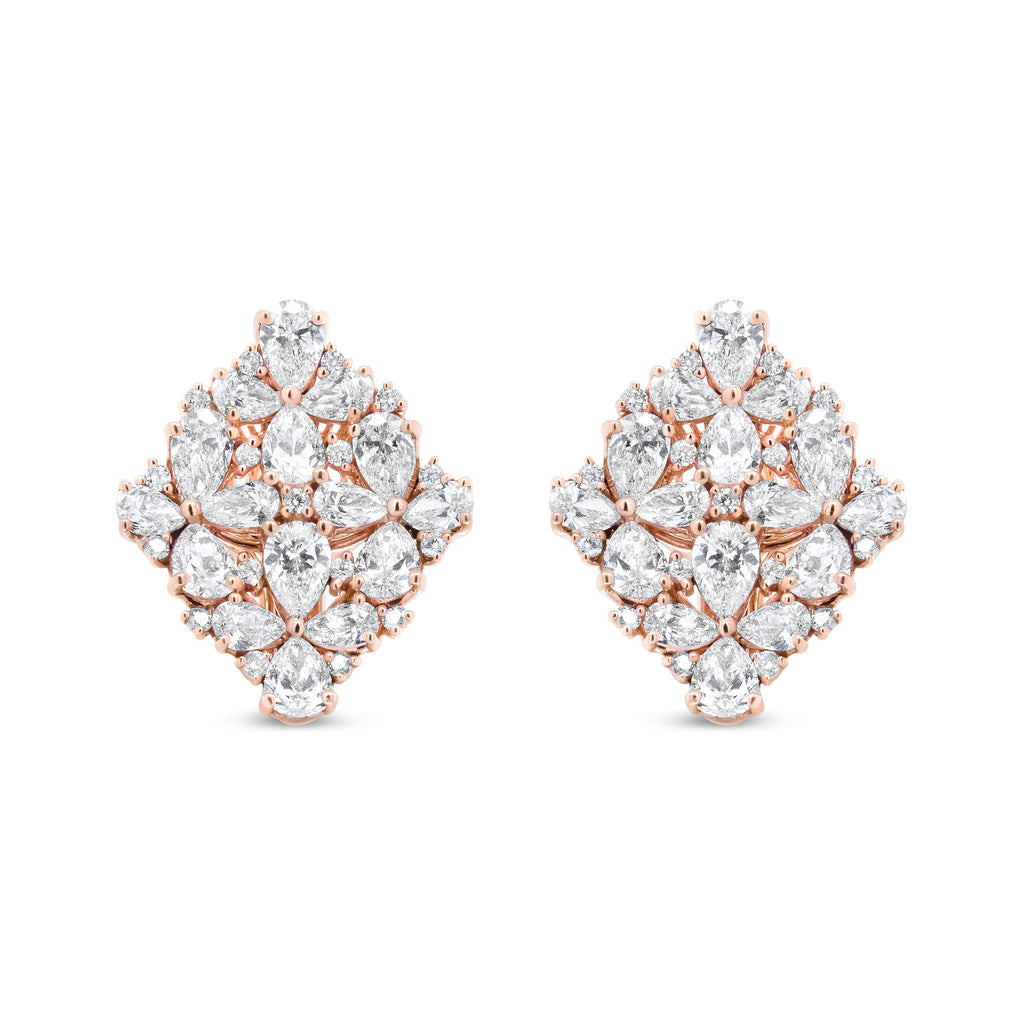 18K Rose Gold 8 1/3 Cttw Pear and Round Diamond Floral Cluster Omega Earrings (F-G Color, VS1-VS2 Clarity)