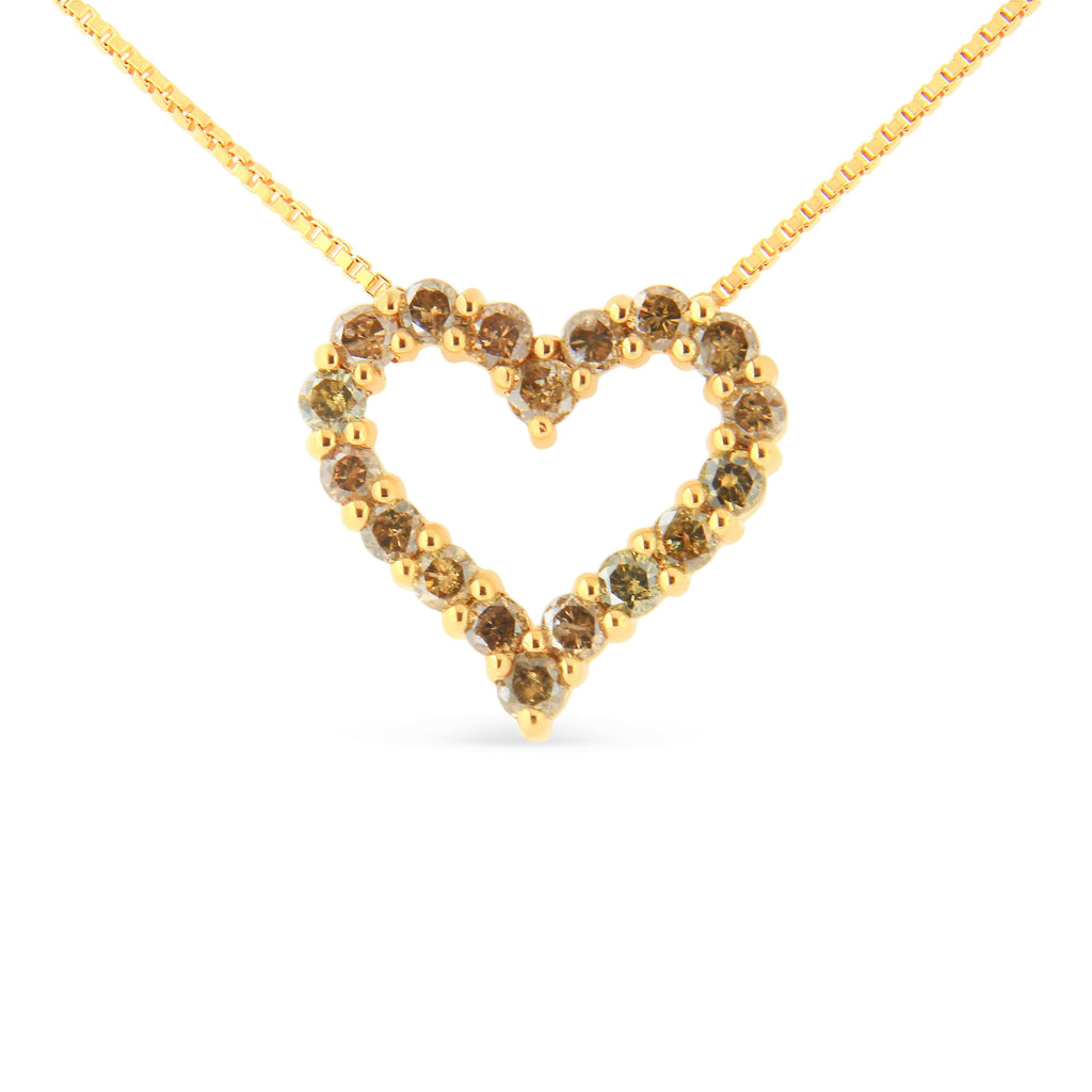14K Yellow Gold Plated .925 Sterling Silver 1.0 Cttw Champagne Diamond Heart Pendant Necklace (K-L Color, I1-I2 Clarity) - 18"
