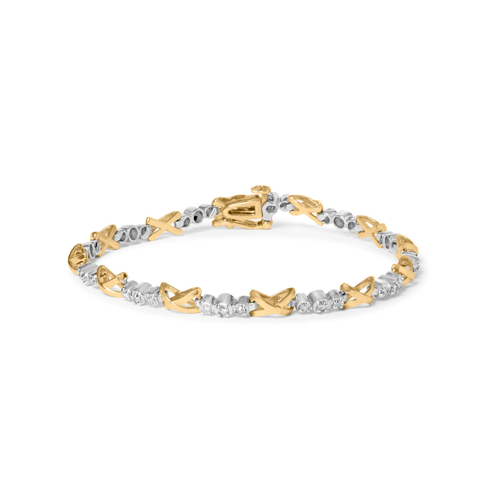 10K Two-Tone Gold 1/2 Cttw Diamond Alternating 3 Stone and X-Link 7" Bracelet (I-J Color, I2-I3 Clarity)