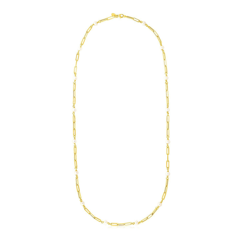 14k Yellow Gold Paperclip Chain and Pearl Necklace