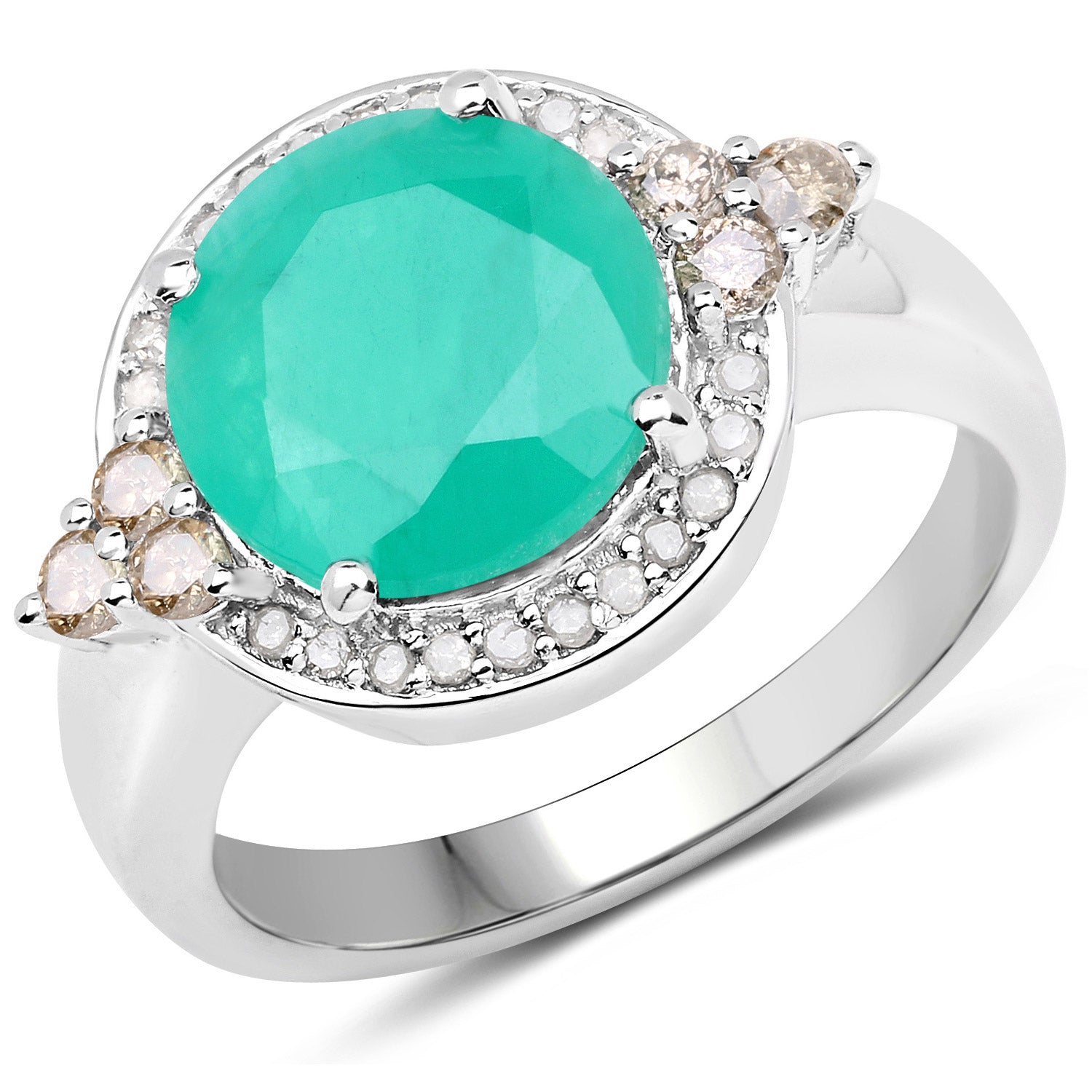 3.51 Carat Genuine Emerald, Champagne Diamond and White Diamond .925 Sterling Silver Ring