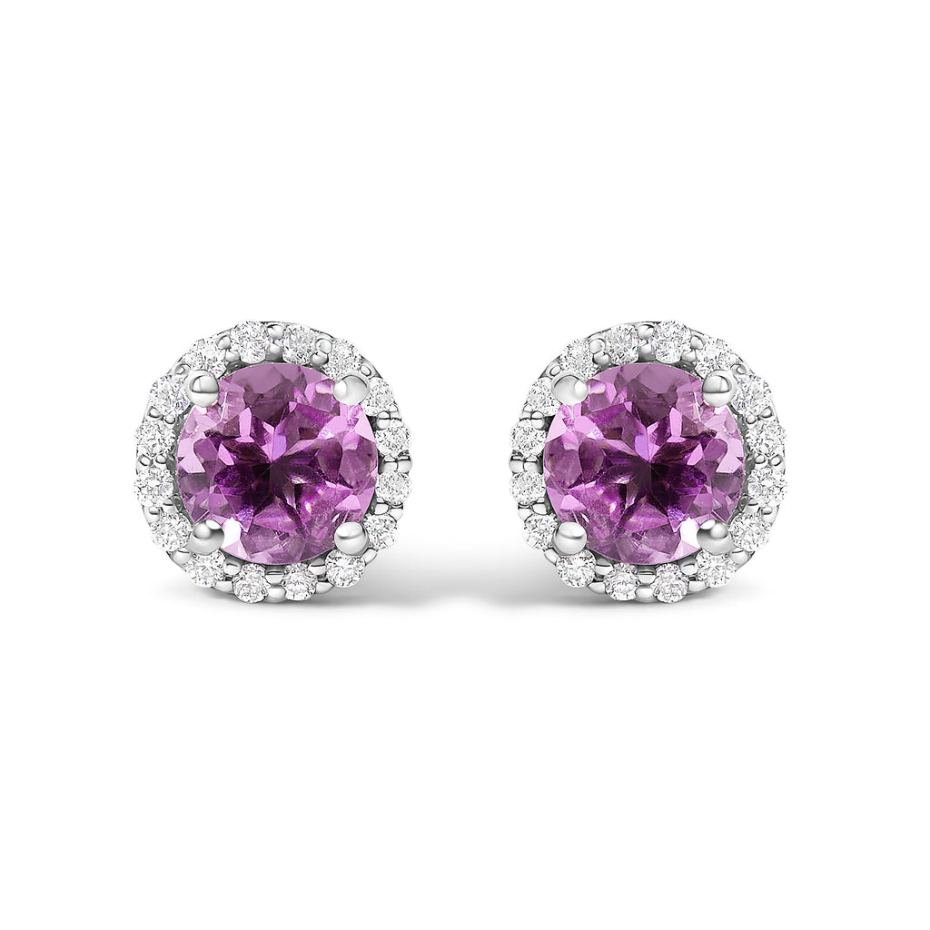10K White Gold Purple Amethyst and 1/6 Cttw Diamond Halo Stud Earring