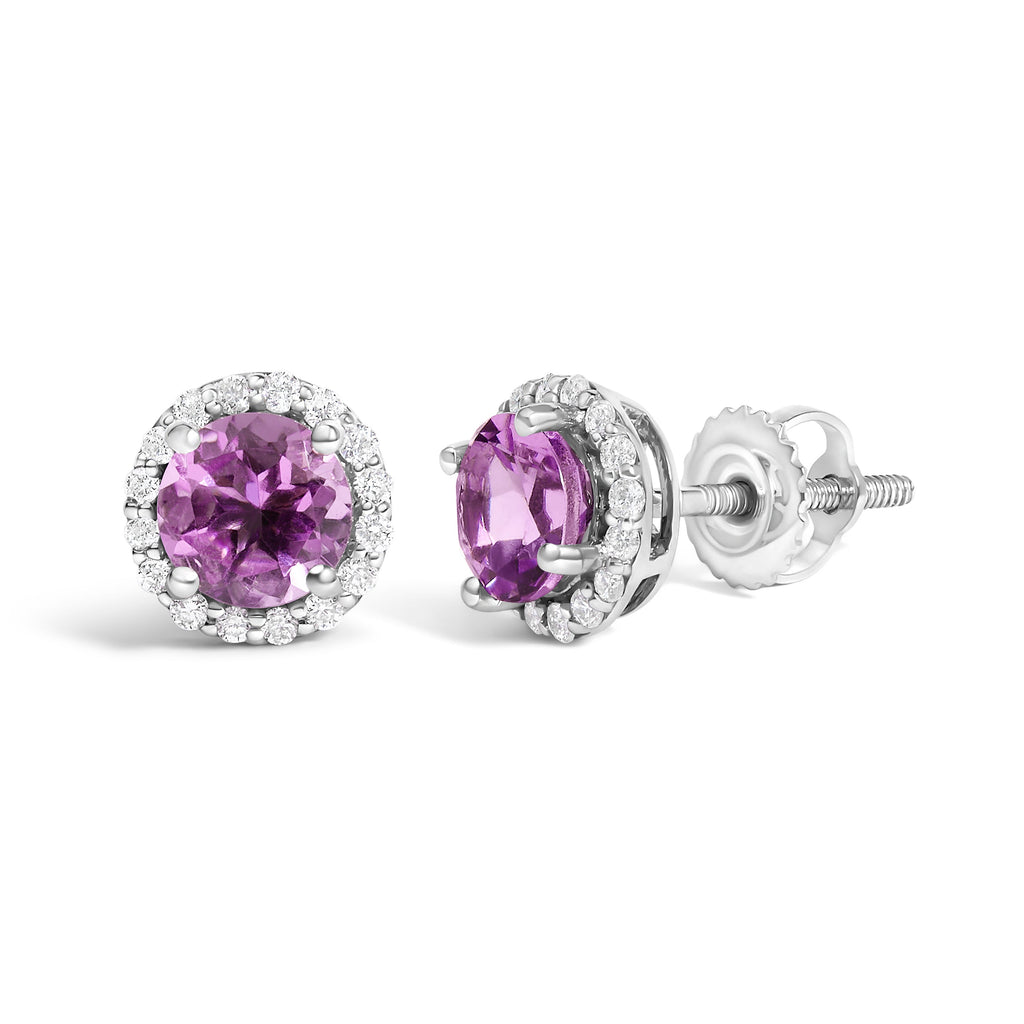 10K White Gold Purple Amethyst and 1/6 Cttw Diamond Halo Stud Earring